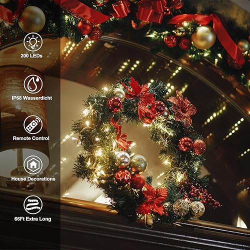 Miniatura 10 de echosari Paquete de 2 tiras de luces que funcionan con pilas, 100 luces LED de 33 pies, impermeables, alambre verde, luces de árbol con control