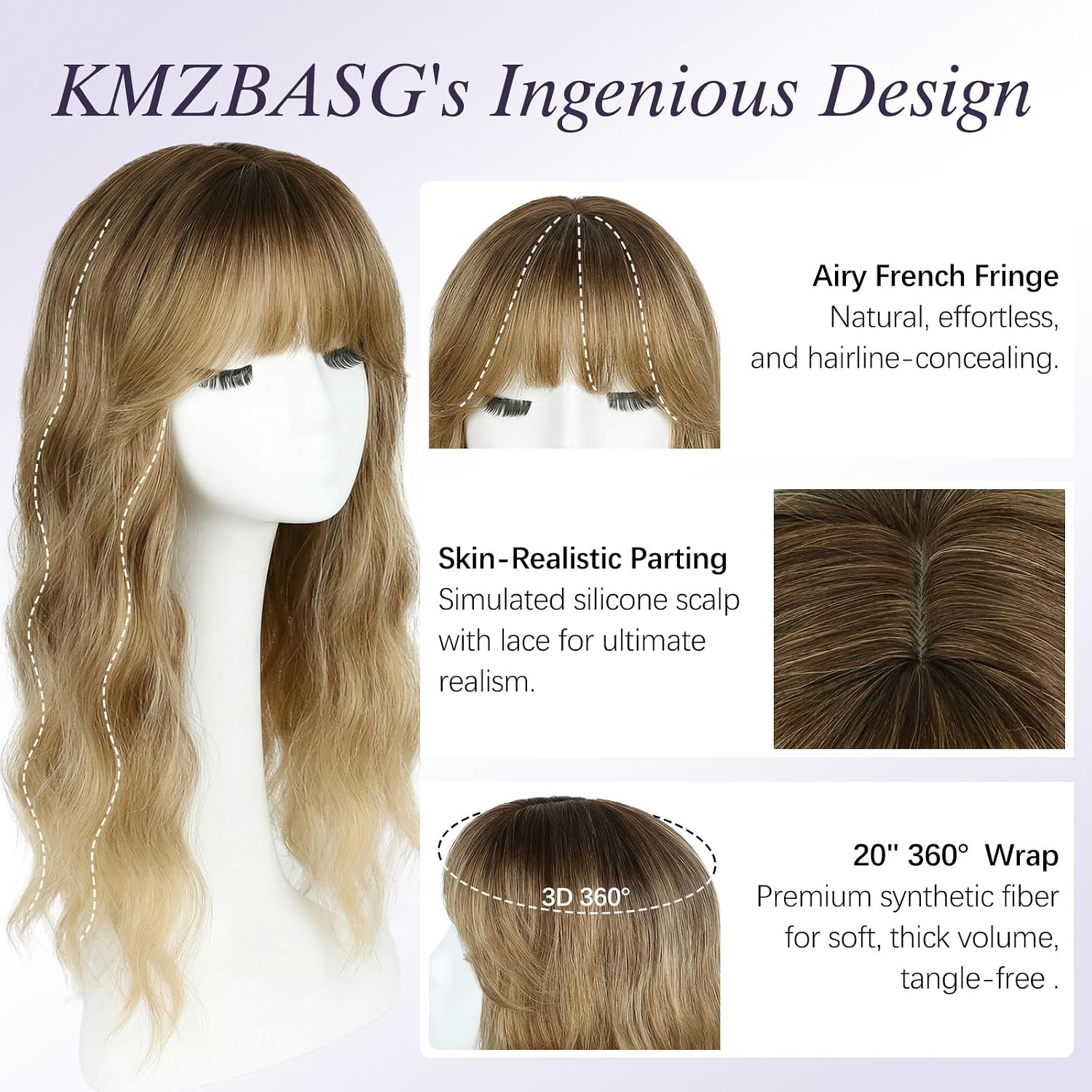 Hair Toppers for Women with Thinning Hair 20 Inches Long Wave 360 3D Synthetic Clip in Topper Hairpieces with French Bangs 7x7 Inch Base Adds Volume and Natural Coverage