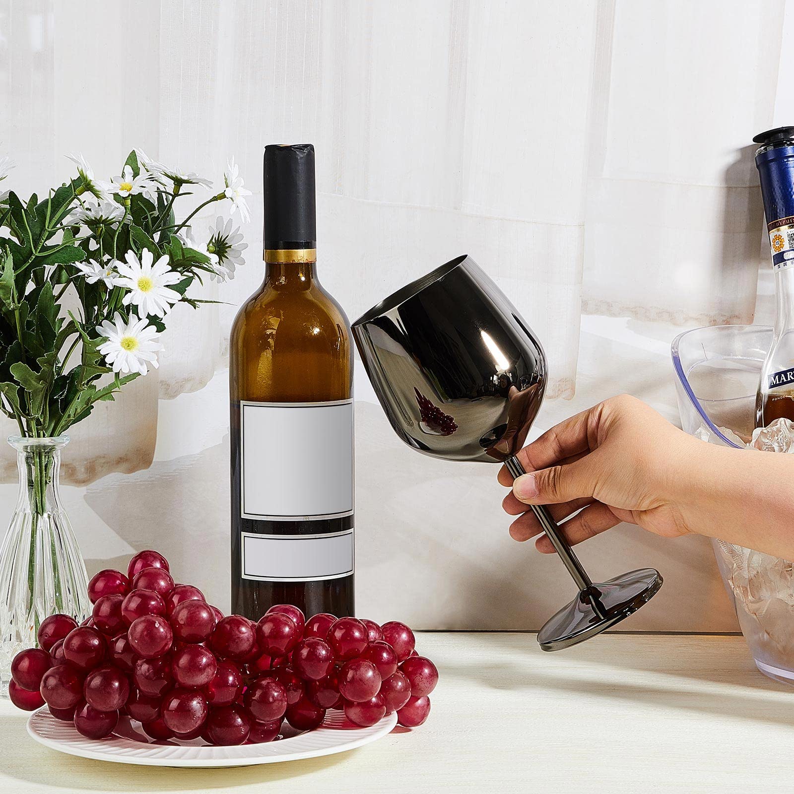 Juego de 6 copas de vino de acero inoxidable irrompibles de 18 onzas, copas de vino metálicas para eventos al aire libre, fiestas, playa, piscina, viajes, aniversario de boda (negro)