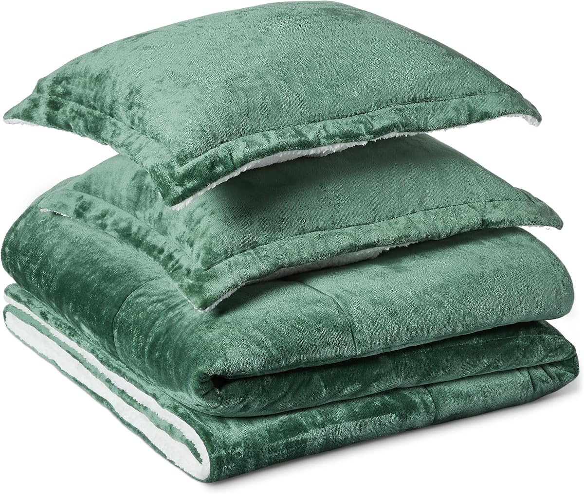 Reversible Sherpa Comforter Set with Pillow Sham, Down Alternative, Queen/Full, Green, Machine Washable