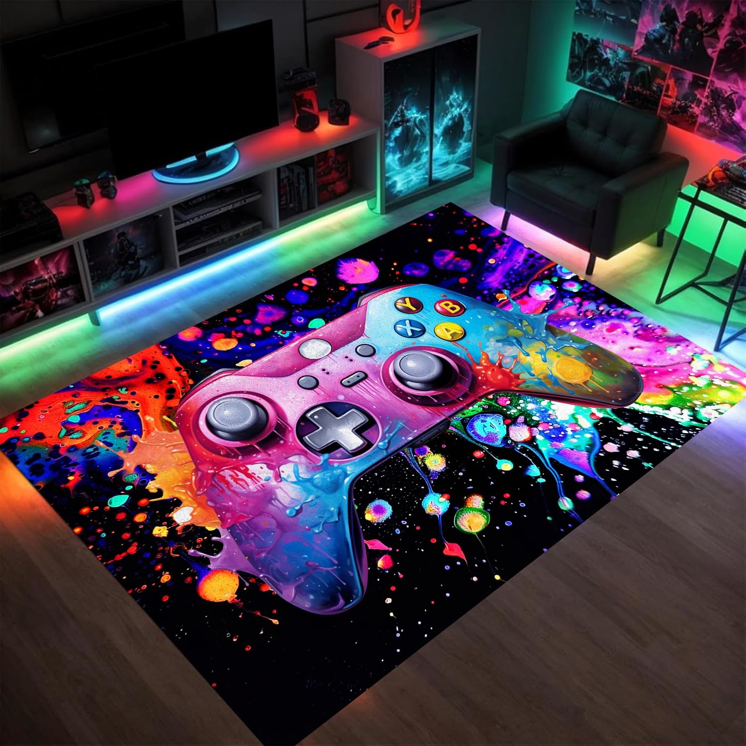 Vibrant Colorful Video Game Carpet Rugs for Gamer Kids Boys Mens Room Bedroom Decor, Cool Gamepad Controller Area Rug Under Desk Table Chair Sofa, Washable Teens Bedside Floor Rug Mat 180x300cm