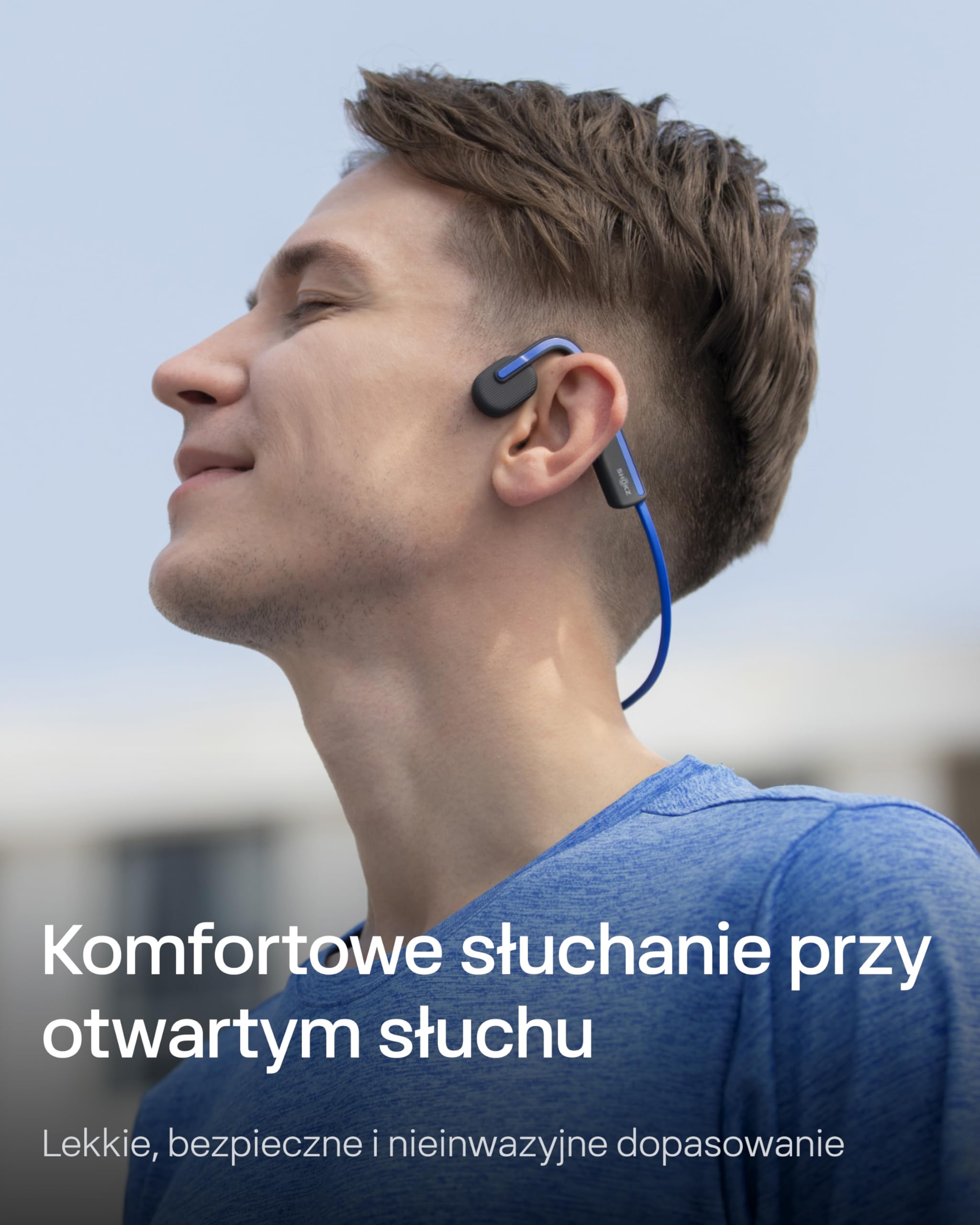 SHOKZ OpenMove Przewodnictwo Kostne, Bezprzewodowe Bluetooth 5.1, Otwarte Uszy, Czysty Dźwięk, Bateria 6h, Waga 29g, IP55, Słyszy Ruch i Otoczenie, do Biegania, Treningu i Codziennego Użytku,Niebieski