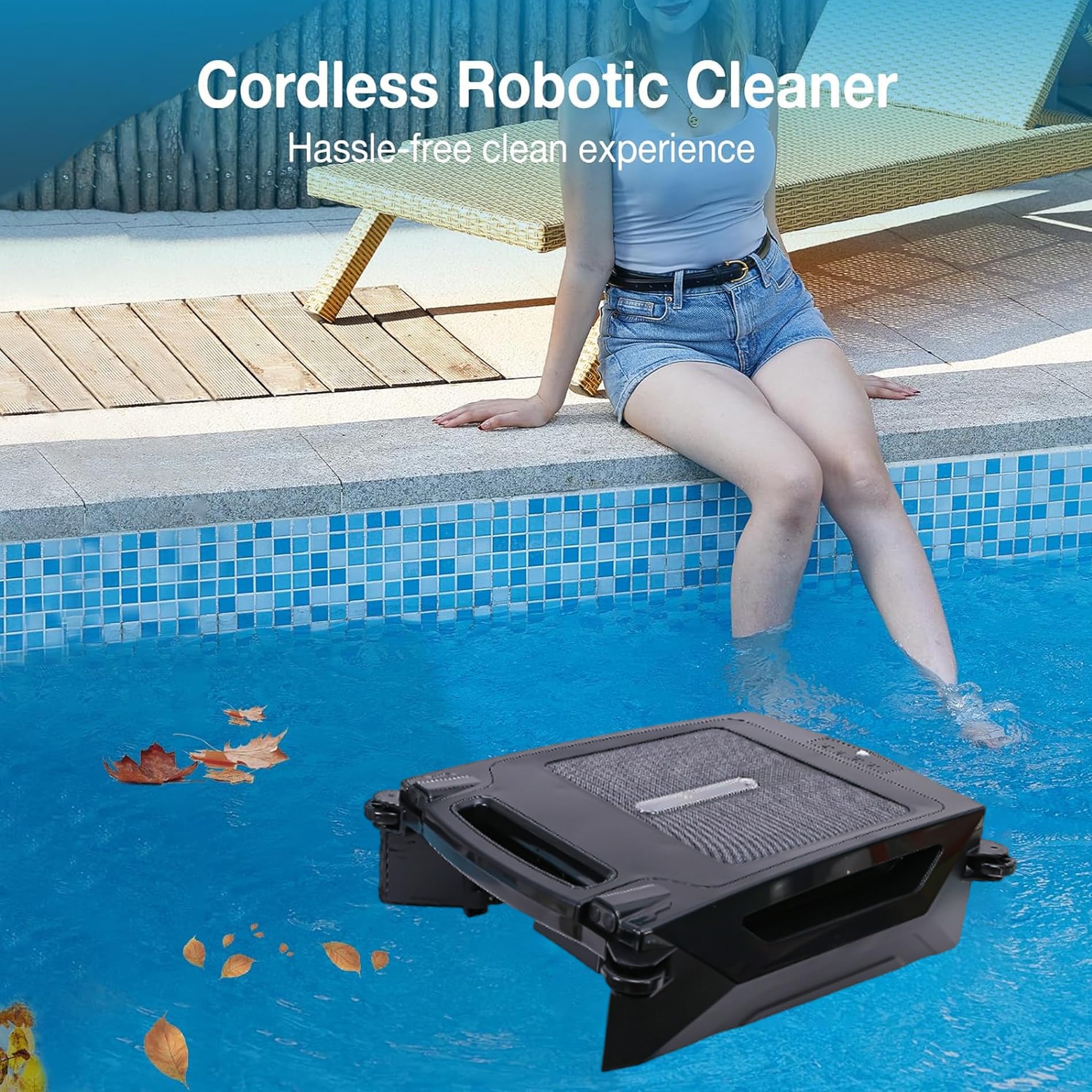 Robot pulitore per piscine senza fili Skimmer per piscine con batteria da 2500 Mha/Cestino per detriti di grande capacità, batteria e alimentazione solare, 5-10m/minuto, capacità di filtraggio 80㎡