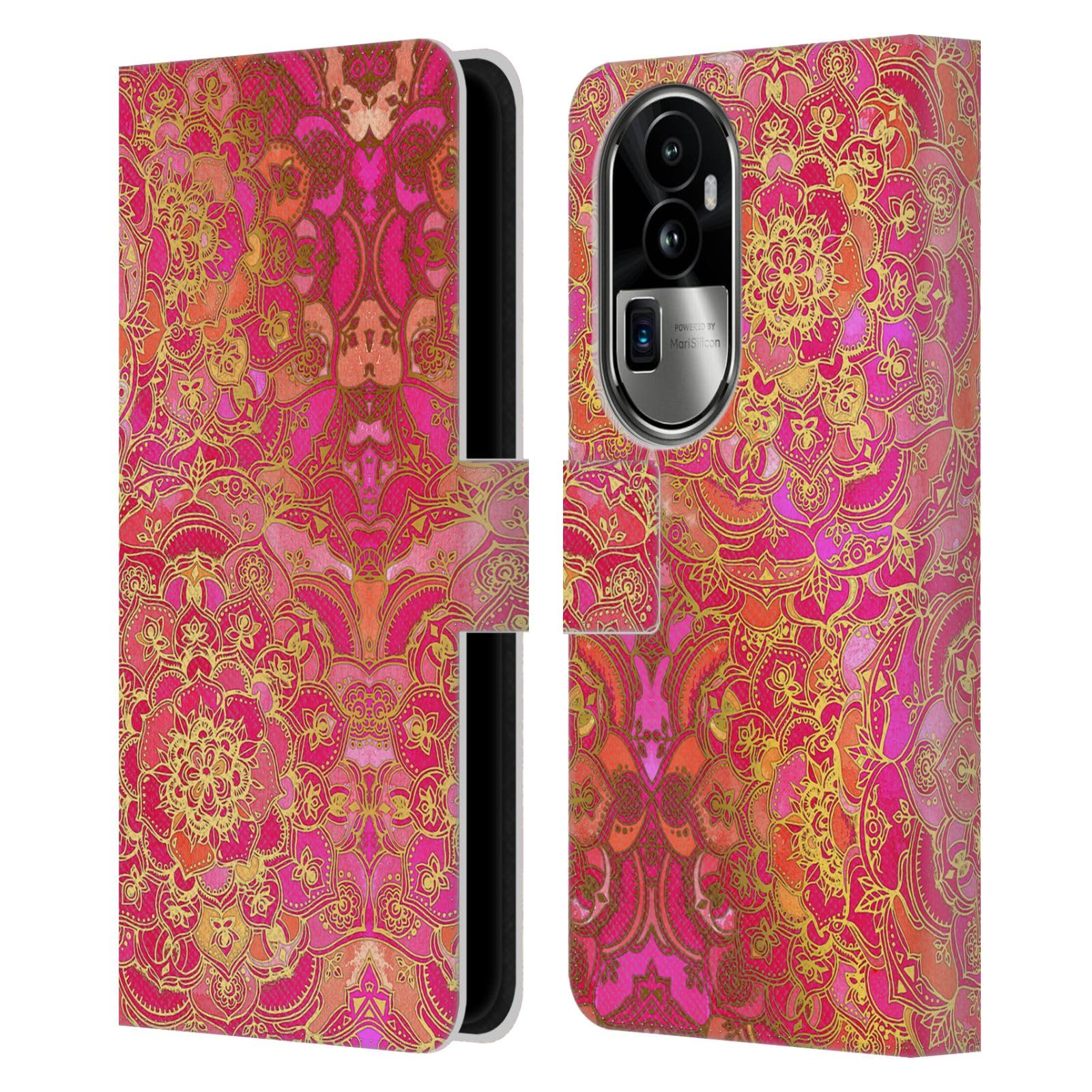 Head Case Designs Officially Licensed Micklyn Le Feuvre Hot Pink Gold and Orange Mandala Leather Book Wallet Case Cover Compatible with Oppo Reno10 Pro+