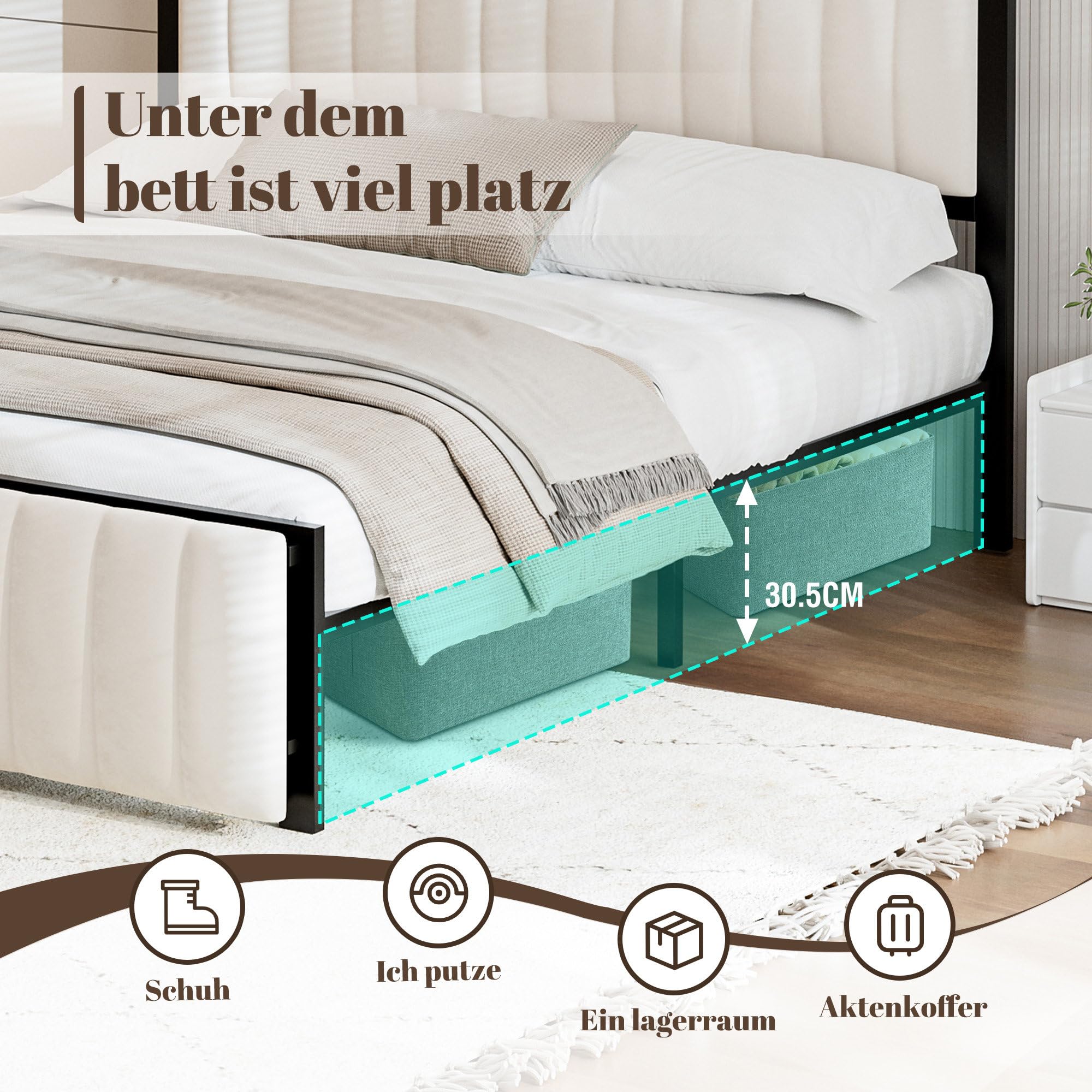 Samt Polsterbett 160x200 mit Endbank (Klappbar), Bettgestell aus Eisen, Doppelbett mit Lattenrost, Multifunktionsbett mit Stauraum, Bett für Jugendliche, Bett für Erwachsene, Flaches Bett, Beige