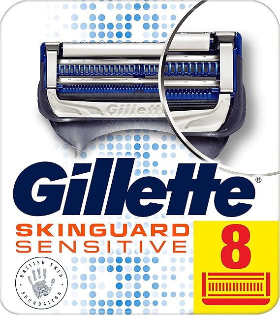 Gillette SkinGuard Sensitive Razor Blades Men, Pack of 8 Razor Blade Refills with Precision Trimmer, Fits Fusion Handles