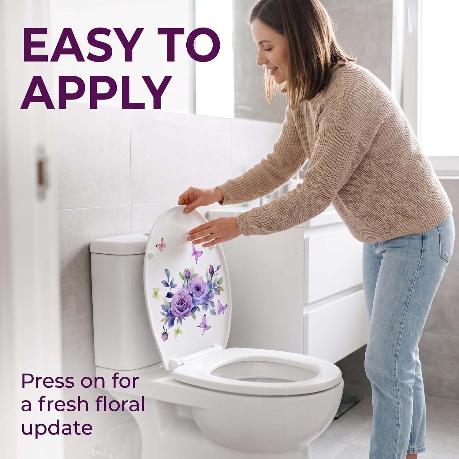 Purple Flowers Butterfly Toilet Seat Lid Stickers Self-Adhesive Bathroom Wall Sticker Floral Butterfly Toilet Seat Decals DIY Removable Waterproof Toilets Sticker for Bathroom Cistern Decor Decals
