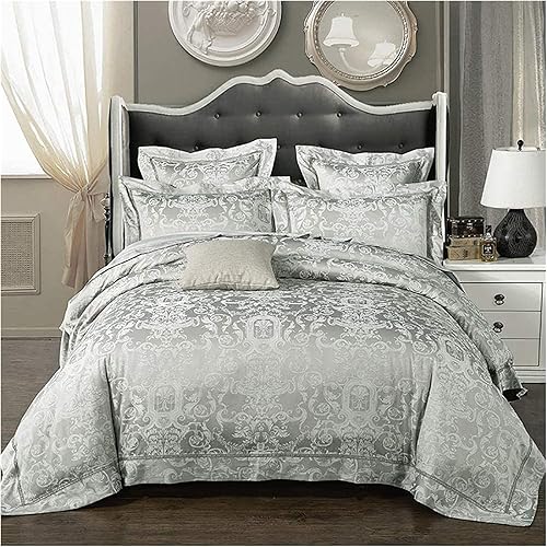 HZH Bedding Set King Size Grey Double Duvet Covers Set Silk Cotton Double Bed Satin Jacquard 4pcs (Color  A Size  King) (D King)