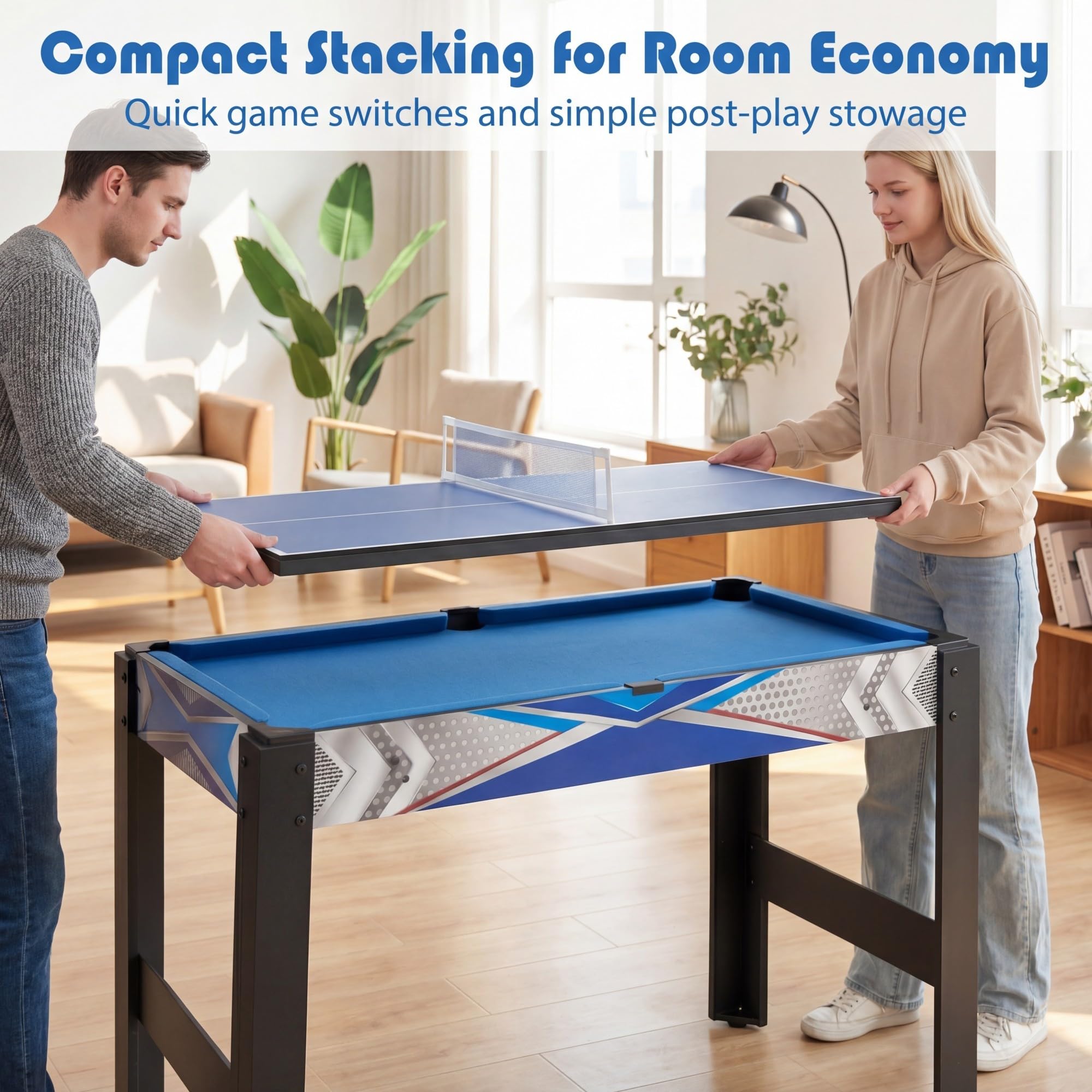 GOPLUS 6 en 1 Table Multi-Jeux avec Basketball, Billard, Hockey, Ping-Pong, Bowling, Palets, Table de Jeu en Bois Empilable Gain de Place avec Accessoires, Jouet d'arcade pour Enfants Adultes