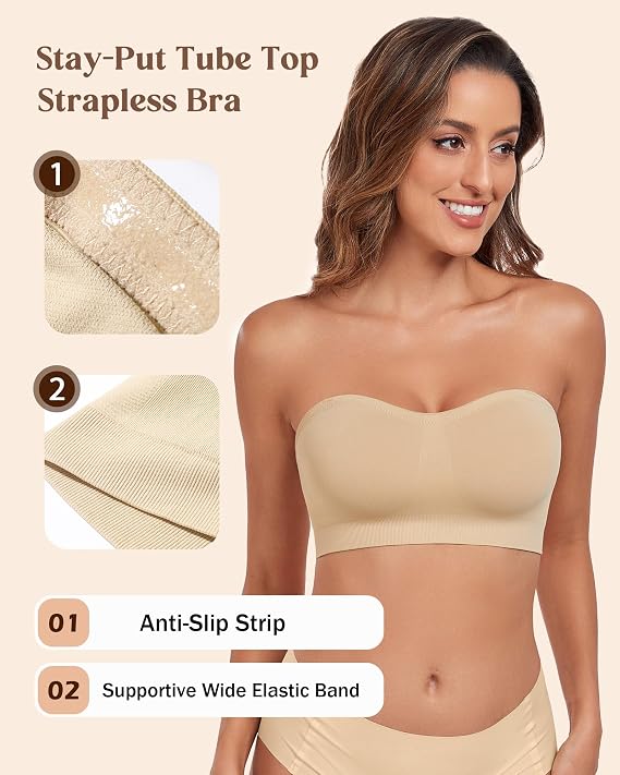 HACI Strapless Bra No Underwire Padded Seamless Wireless Multi-Way Everyday Bandeau Tube Top for Women