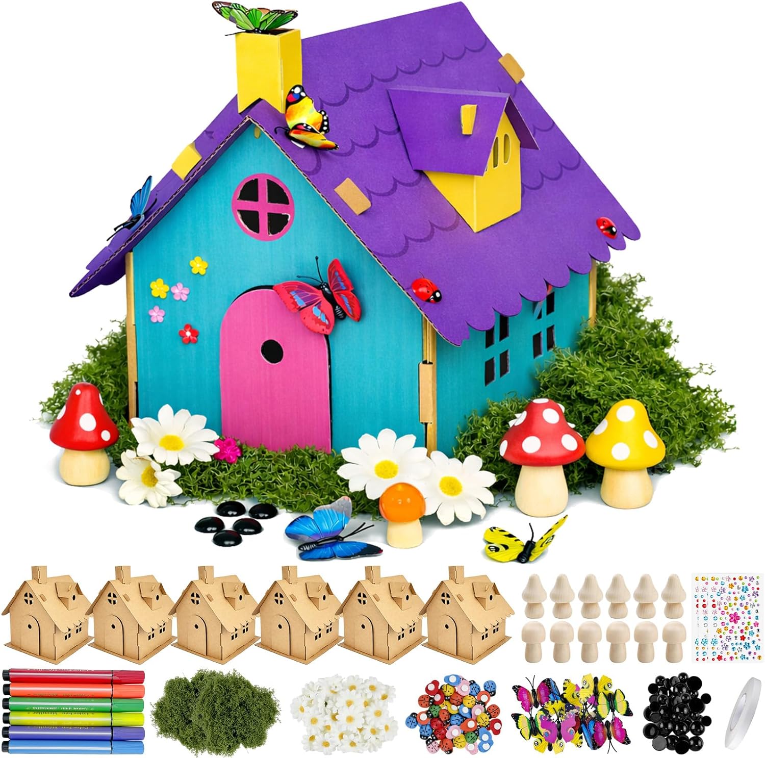 Cinrobiye 6 Pcs Fairy House Craft Kit DIY Miniature Fairy Garden with Coloring Pens Butterfly Flowers Accessories Creative Fairy Dollhouse for Arts & Crafts, Spring Party, Birthday, Easter DIY Gifts
