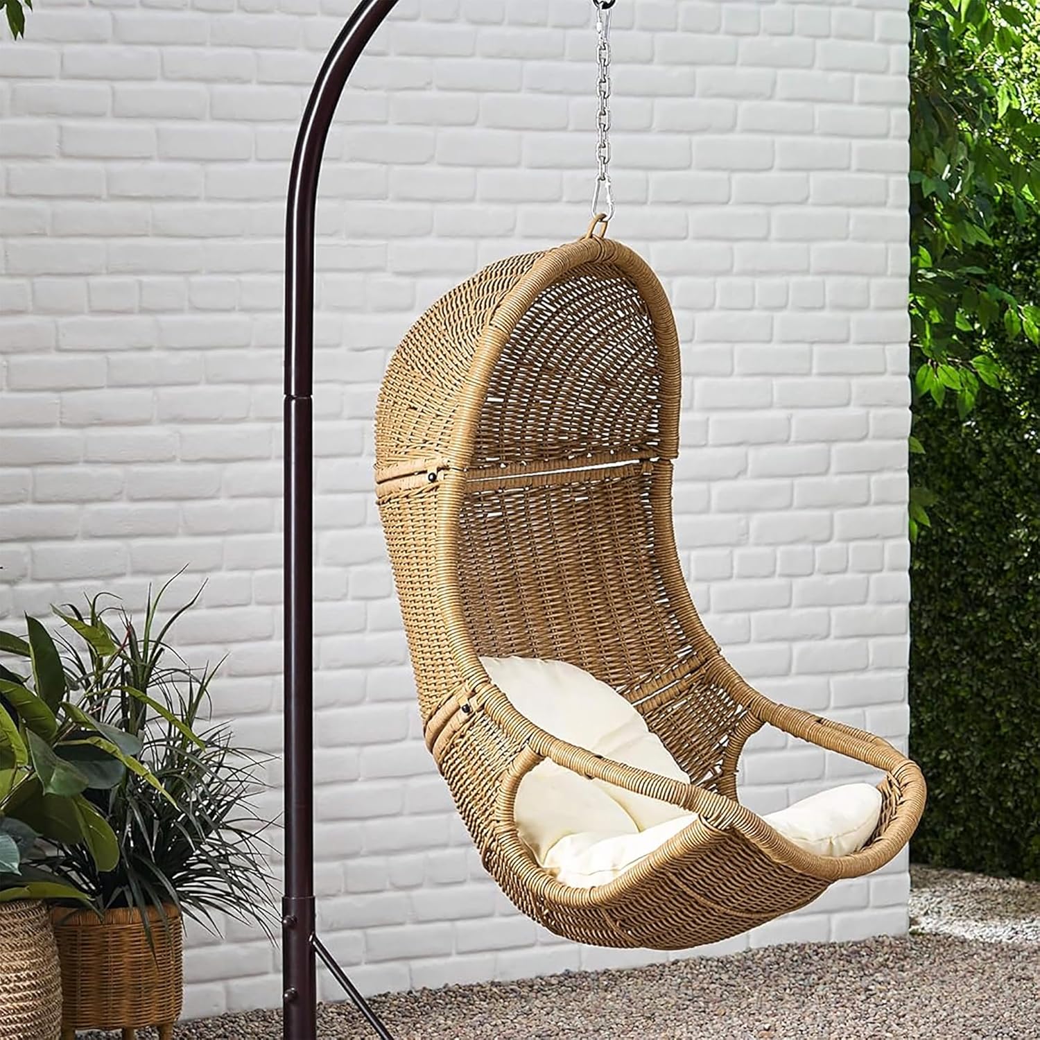 Christopher Knight Home Mariaz Hanging Basket Chair with Cushion, Outdoor Indoor Basket Chair, Boho Garden Rattan Lounger Porch Swing Furniture, Modern Patio Decor, Brown+Beige
