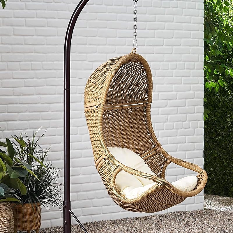 Christopher Knight Home Mariaz Silla tipo cesta colgante con cojín, silla tipo cesta para interior y exterior, tumbona de ratán estilo bohemio para porche, decoración moderna para patio, marrón y beige