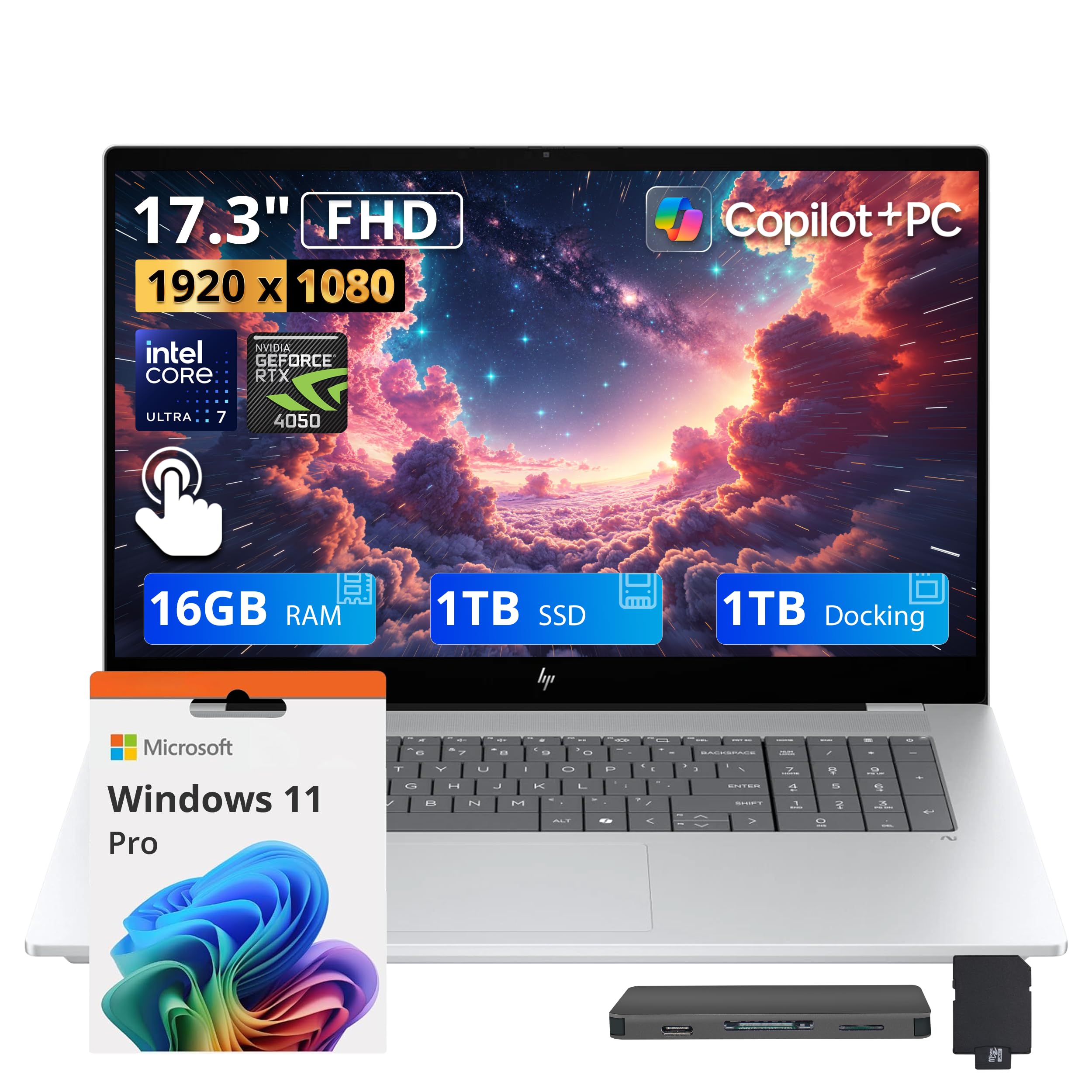 HP OmniBook X 17.3" FHD Touchscreen Laptop, Intel Ultra 7 256V, NVIDIA GeForce RTX 4050 GDDR6, 16GB LPDDR5X, 2TB Storage(1TB SSD+1TB Docking Station), Backlit Keyboard, Copilot+ PC, Win 11 Pro, Silver