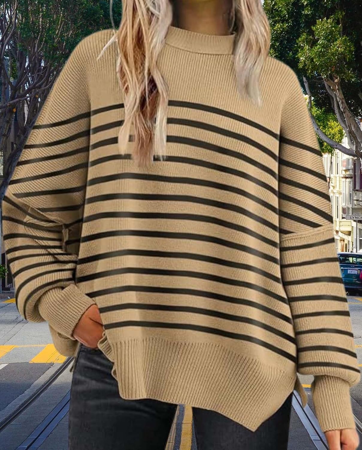 2025 Fall Womens Oversized Batwing Sweater Fashion Crew Neck Knit Side Slit Cozy Fall and Winter Pullover Sweater - Image 6