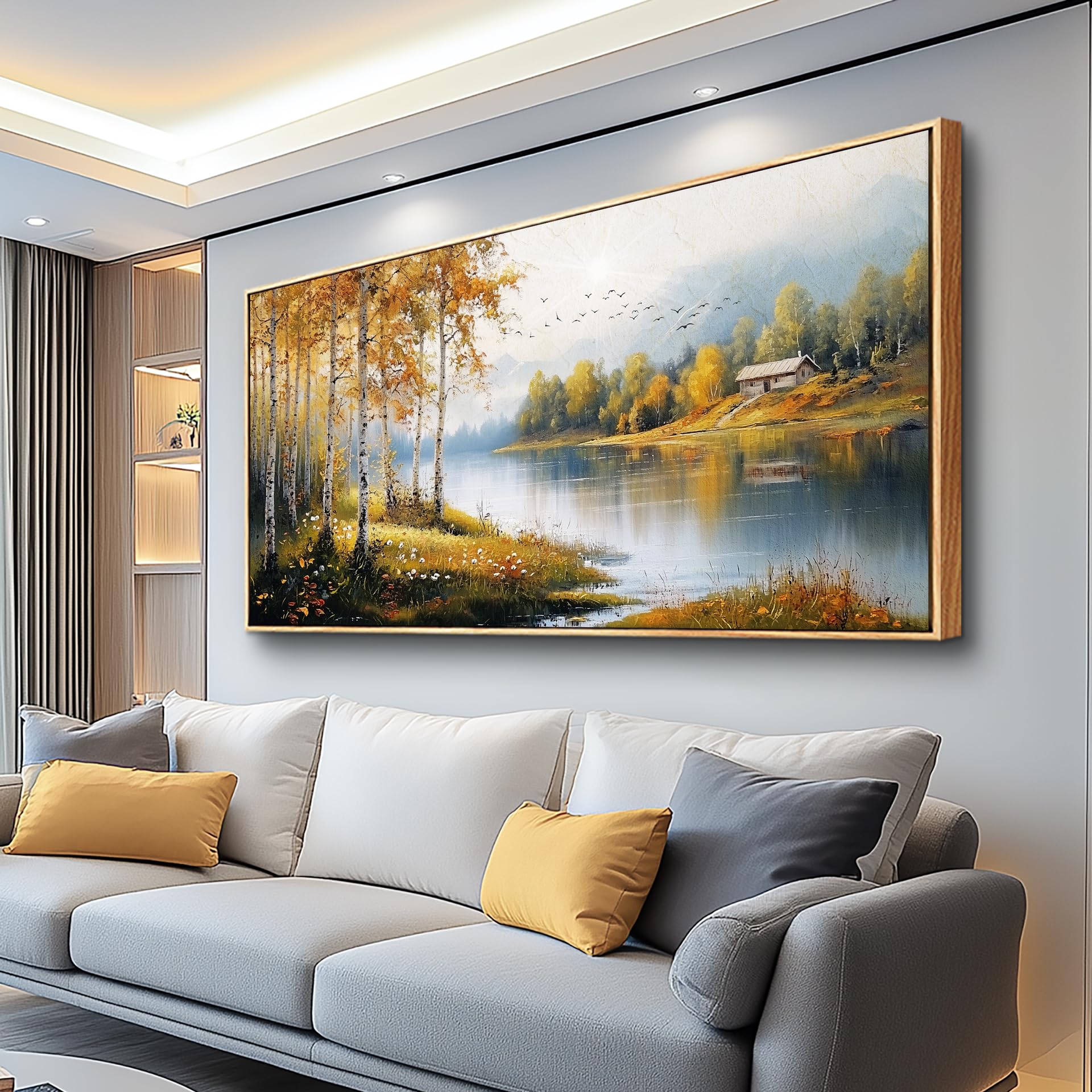 ERQINHUA Large Canvas Wood Framed Wall Art Living Room Wall Decor For Bedroom Forest Landscape Painting Lakeside Watercolour Wall Pictures Artwork