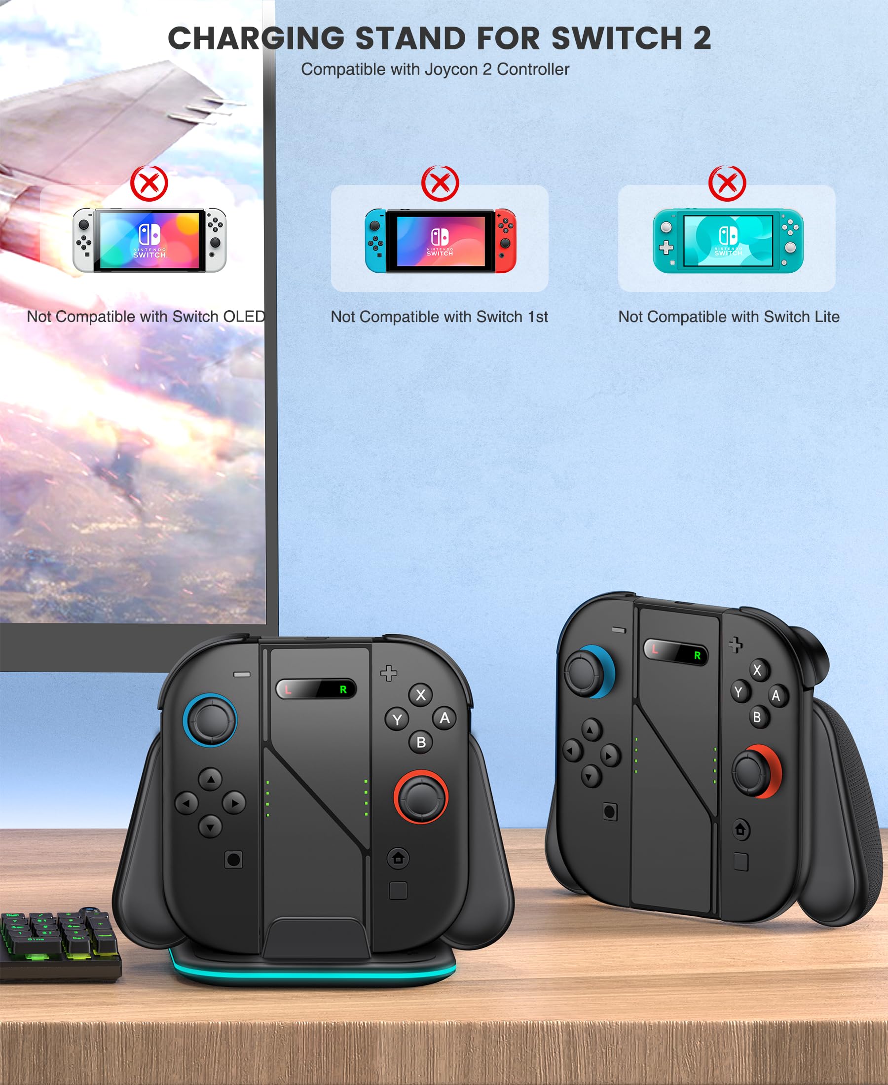 Mango de cargador de mano Joypad 2 en 1 compatible con Nintendo Switch 2 Joy Cons, agarre ergonómico de carga LED para Joypad 2 con cable USB C accesorios de carga