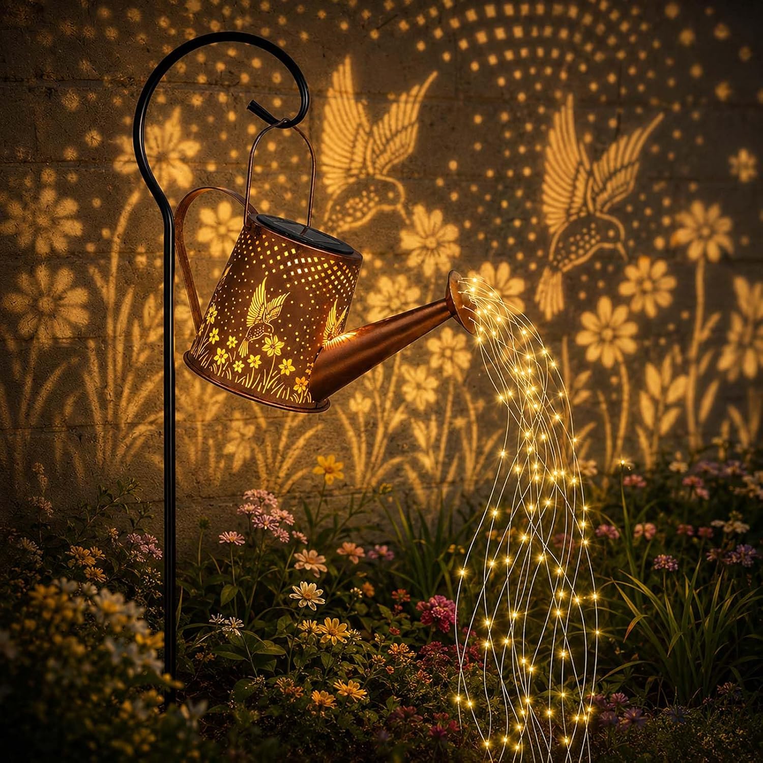 Solar Watering Can Lantern,Large Size,LED String Lights,Hummingbird