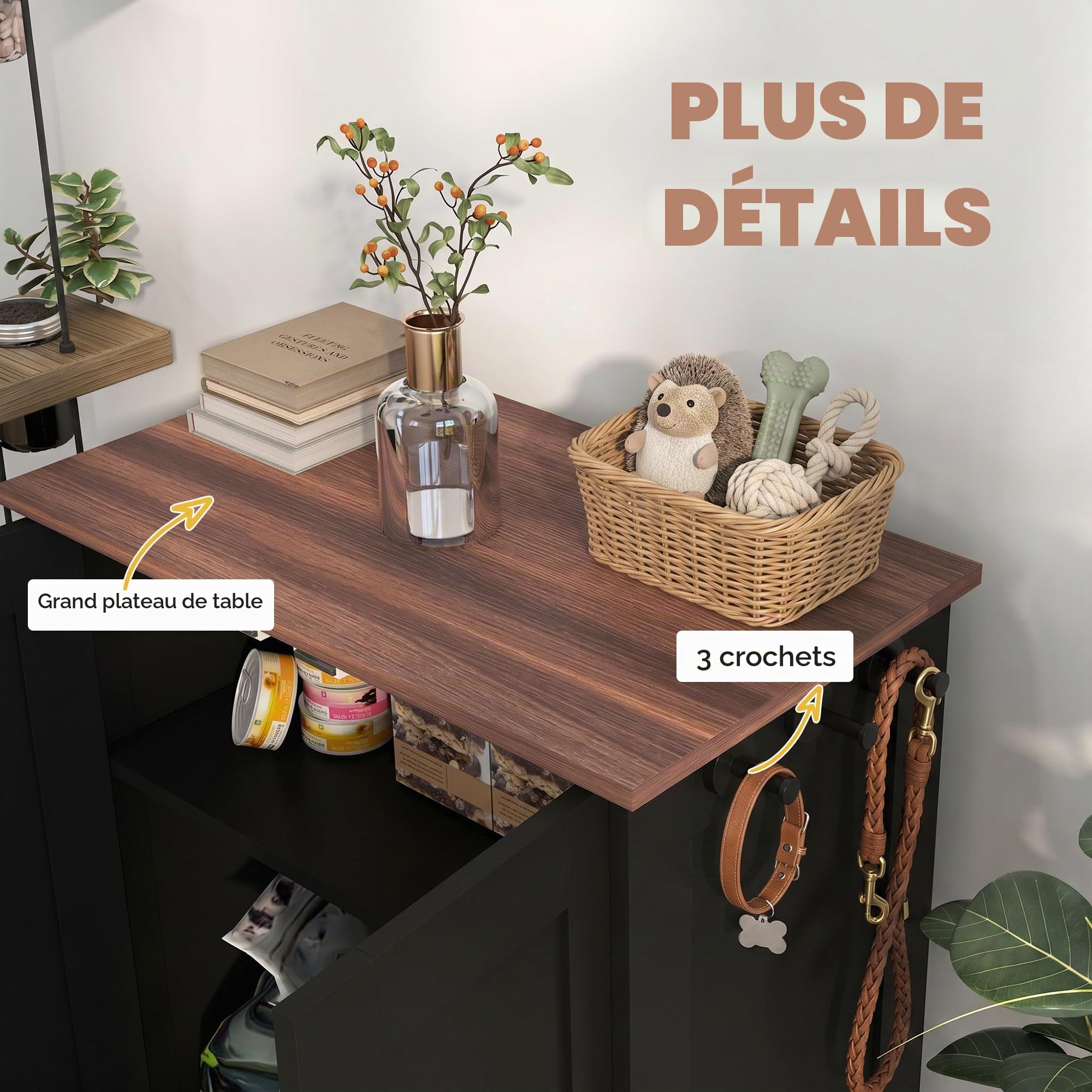 PawHut Station d'alimentation pour Animaux avec Rangement, Station d'alimentation pour Chiens avec gamelles surélevées, Panneau réglable, Crochets, Armoire de Rangement pour Aliments pour Animaux,