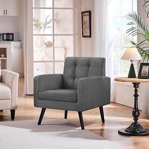 Miniatura 4 de Yaheetech Silla moderna para sala de estar, sillón de mediados de siglo con respaldo copetudo y patas de madera, silla vintage para dormitorio,