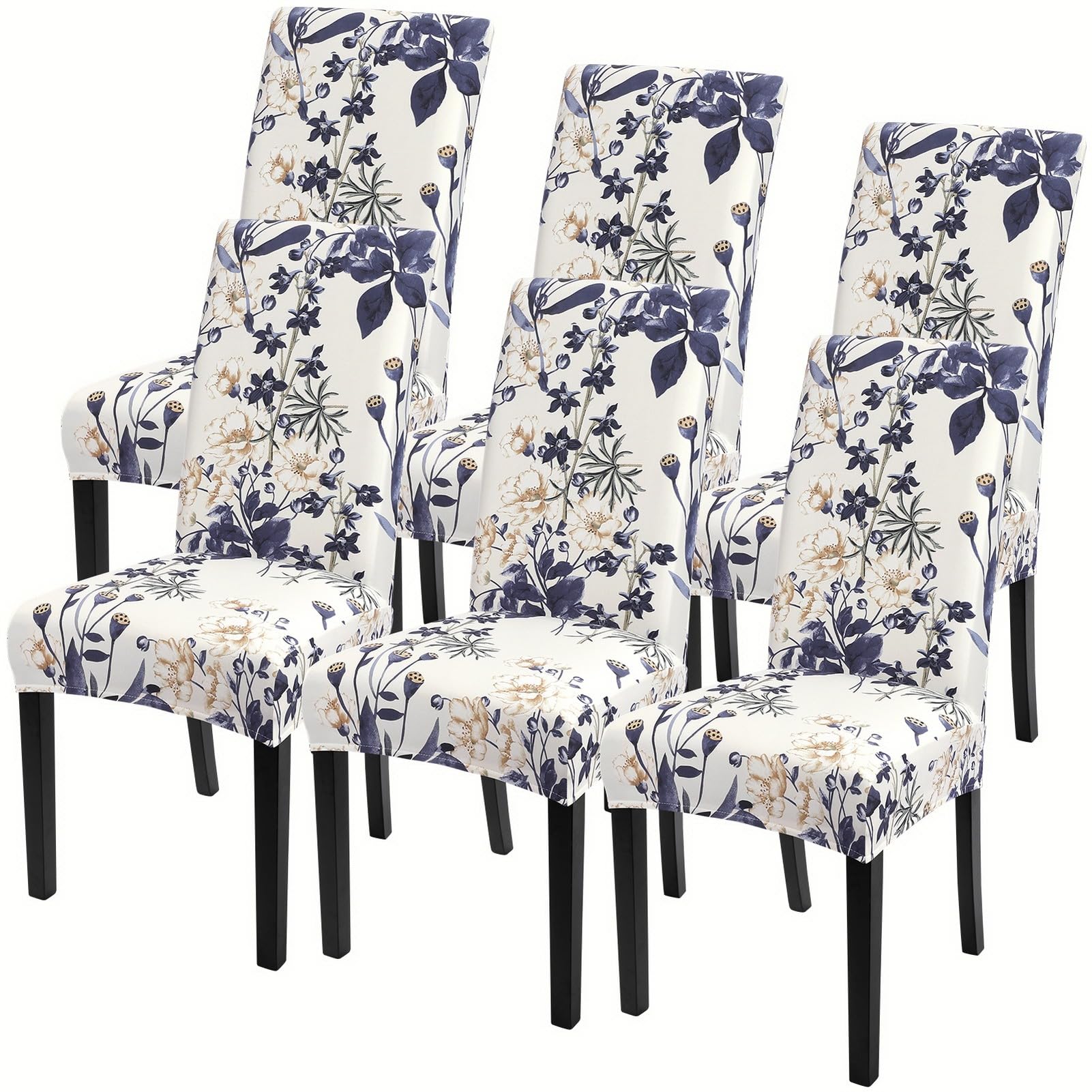 SearchI Printed Dining Room Chair Covers Set of 6, Stretch Kitchen Chair Covers Washable Parsons Chair Slipcover Removable Dining Chair Protectors for Hotel,Ceremony(Blue Flowers)