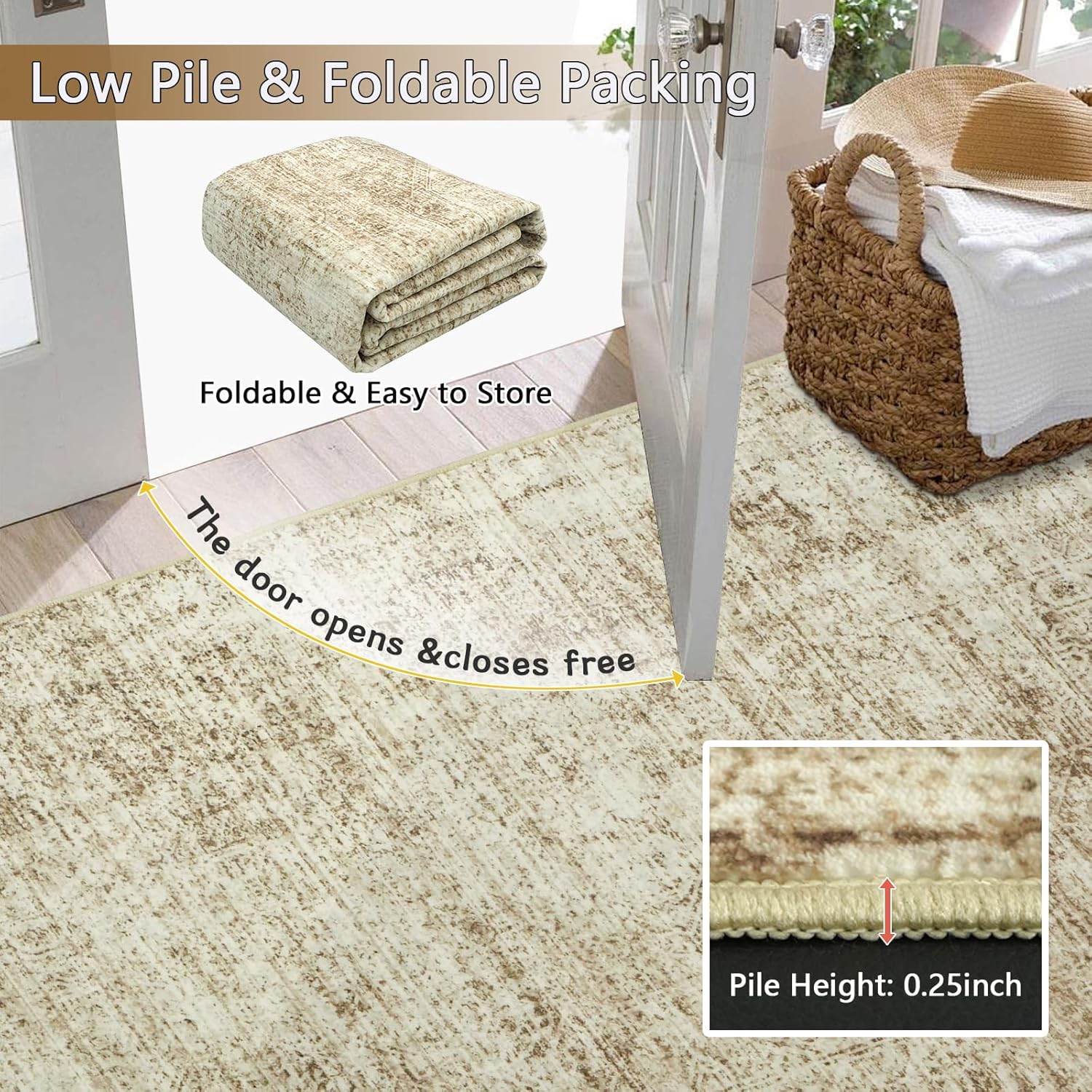 3x5 Machine Washable Area Rug, Beige Vintage Distressed Boho Rug, Foldable Low Pile Non-Slip Stain Resistant Carpet for Bedroom Entryway Kitchen