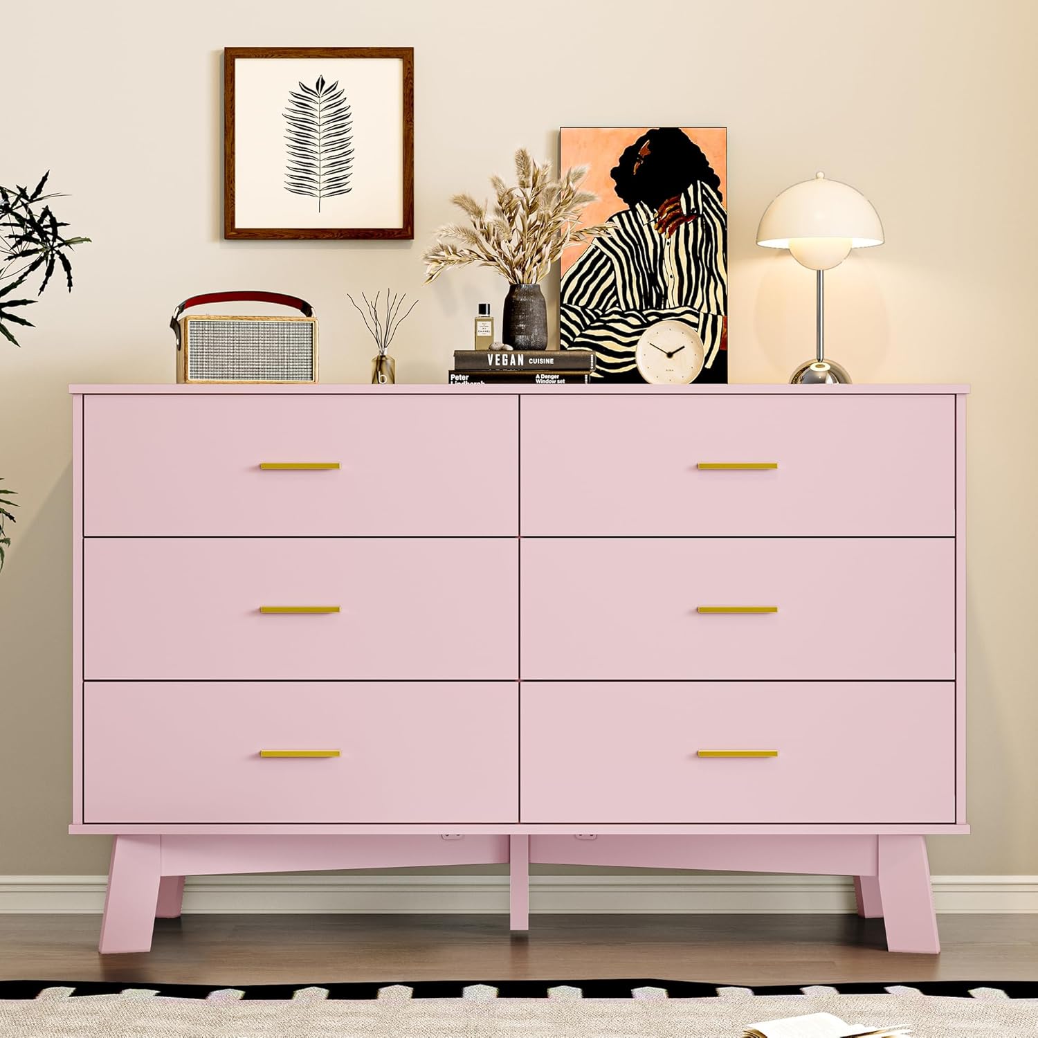 BORNOON Dresser for Bedroom with 6-Drawer, 47.2" Modern Chest of Drawers with Metal Handles, X-Shape Base & Adjustable Center Leg, Anti-Tip Closet Organizers and Storage