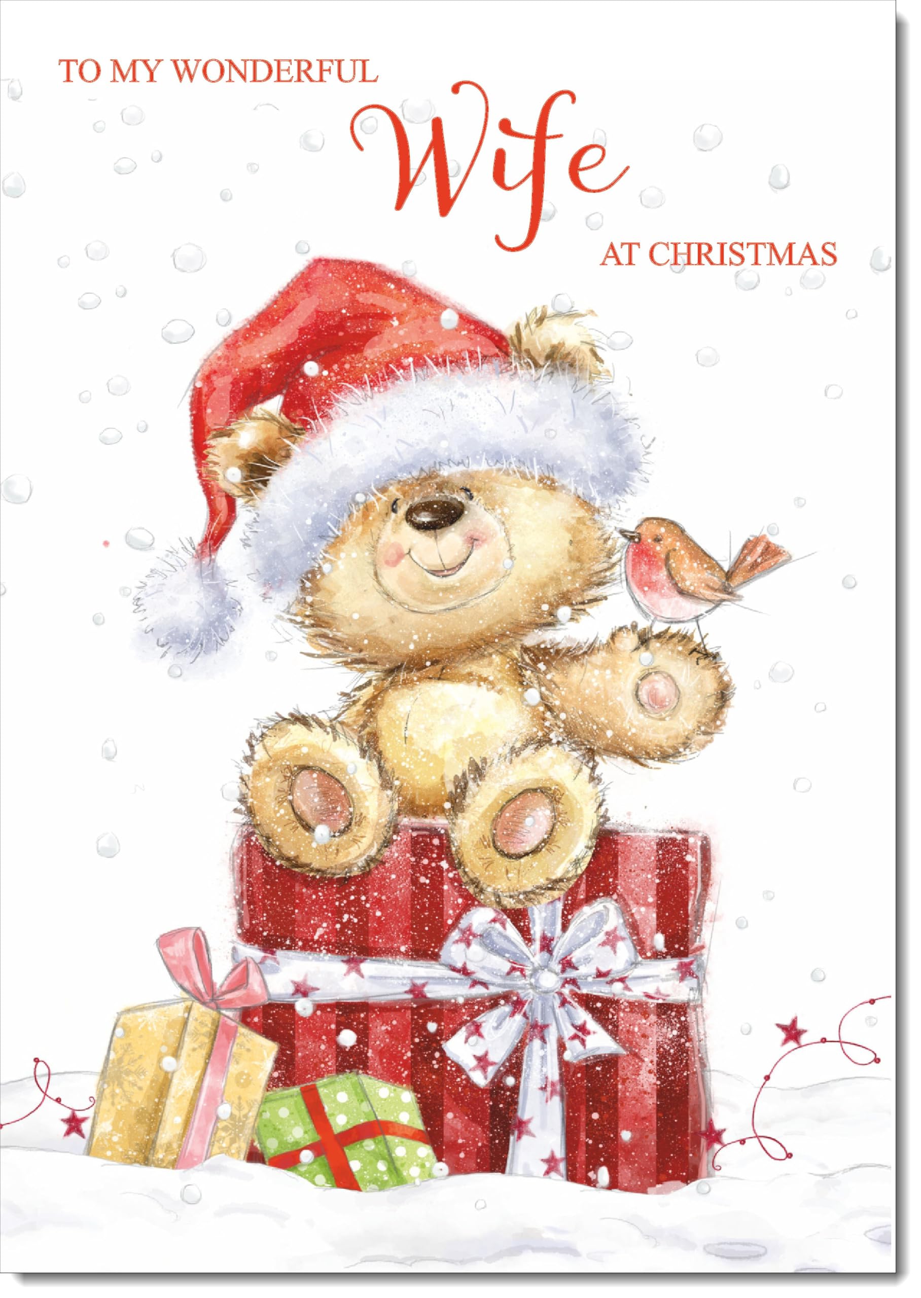 doodlecards Wife Christmas Card Cute Bear on Parcel Large A4 Size Christmas Card for Wife with Plain Envelope — image 1