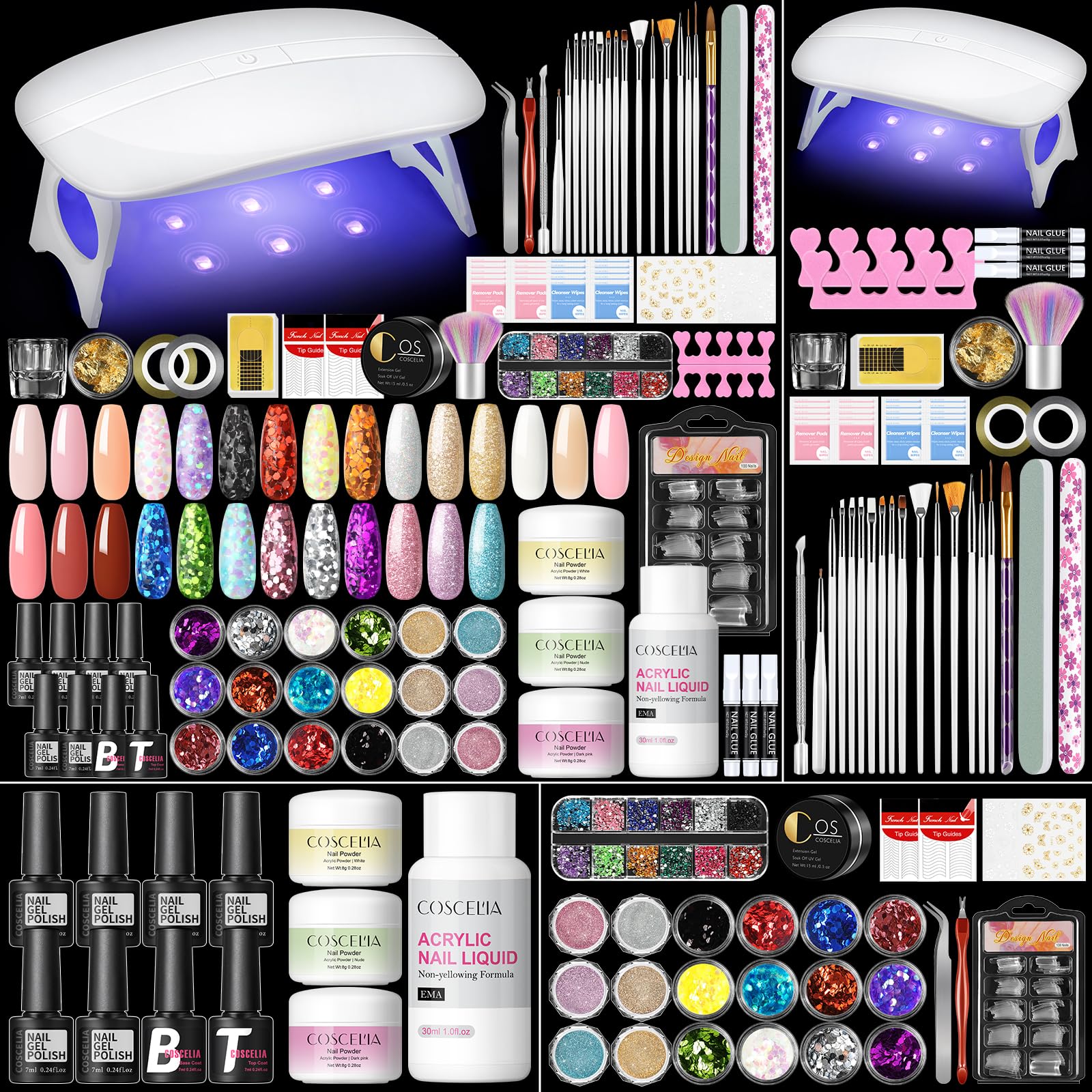 COSCELIA 41 x Kit per unghie acriliche con lampada per unghie, 21 colori acrilici per unghie professionali con 30 ml monomero e 6 x smalto semi-permanente, unghie acriliche kit completo per