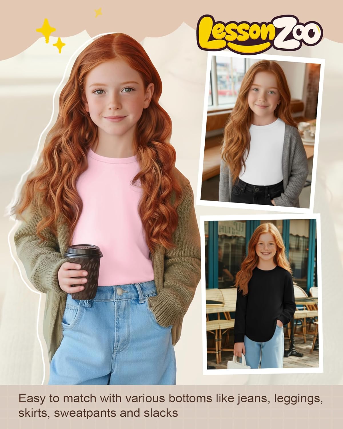 3 Pack Girls Long Sleeve T Shirts, Kids Casual Crew Neck Shirts Soft Curve Hem Tees Loose Fit Basic Tunic Tops - Image 3