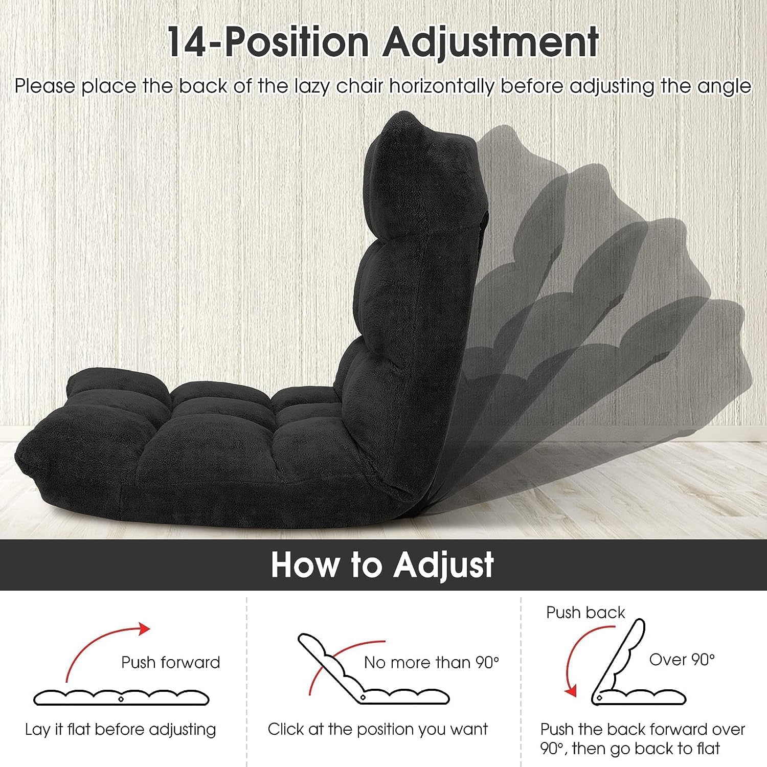 14-Position Floor Chair, Adjustable Folding Gaming Chair Lazy Sofa w/Cushion, Meditation Chair with Back Support, Folding Floor Couch for Reading Bedroom, Living Room for Adults Kids (Black)