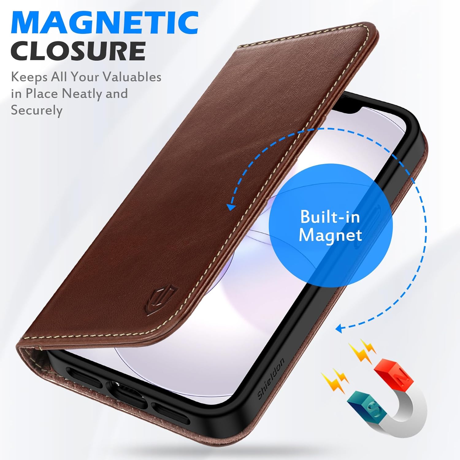 SHIELDON Case for iPhone 17e/16e 6.1", Genuine Leather Wallet Flip Magnetic Closure Cover RFID Blocking Credit Card Holder Kickstand TPU Shockproof Case Compatible with iPhone 16e 5G - Retro Coffee