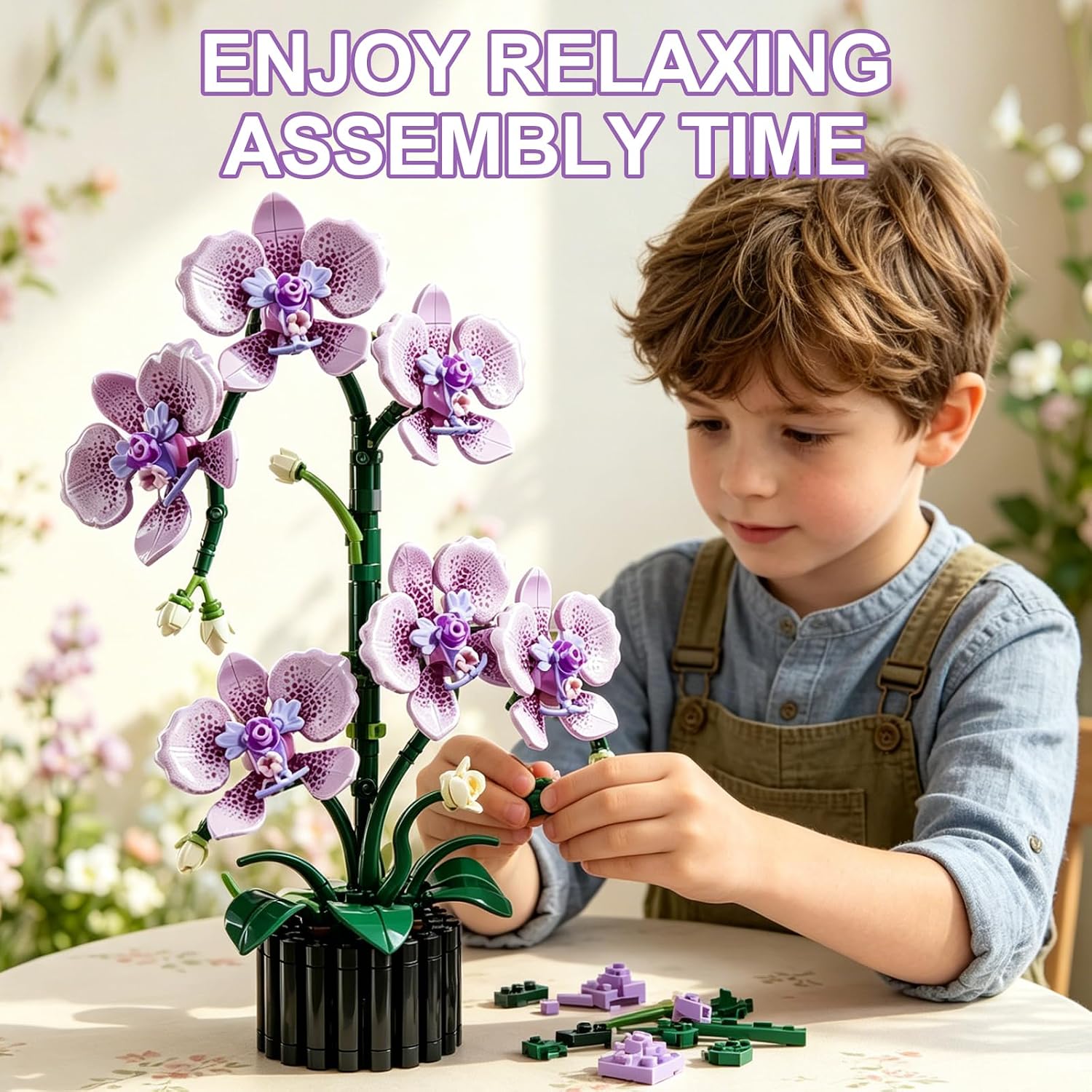 Purple Orchid Building Block Set with Vase, 619 PCS Phalaenopsis Flower Model Kit, Elegant DIY Floral Display for Home Decor, Gift for Mother's Day, Anniversary, Birthday
