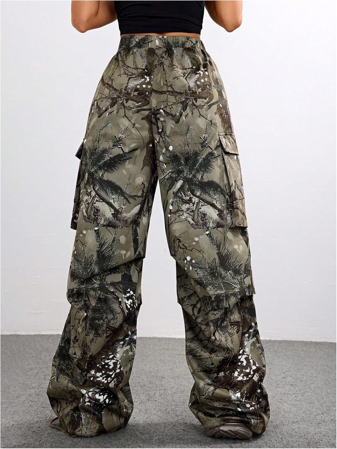 GORGLITTER Women's Camo Cargo Pants Wide Leg Baggy High Elastic Waisted Parachute Pants Y2K Camouflage Trousers Streetwear - Image 2