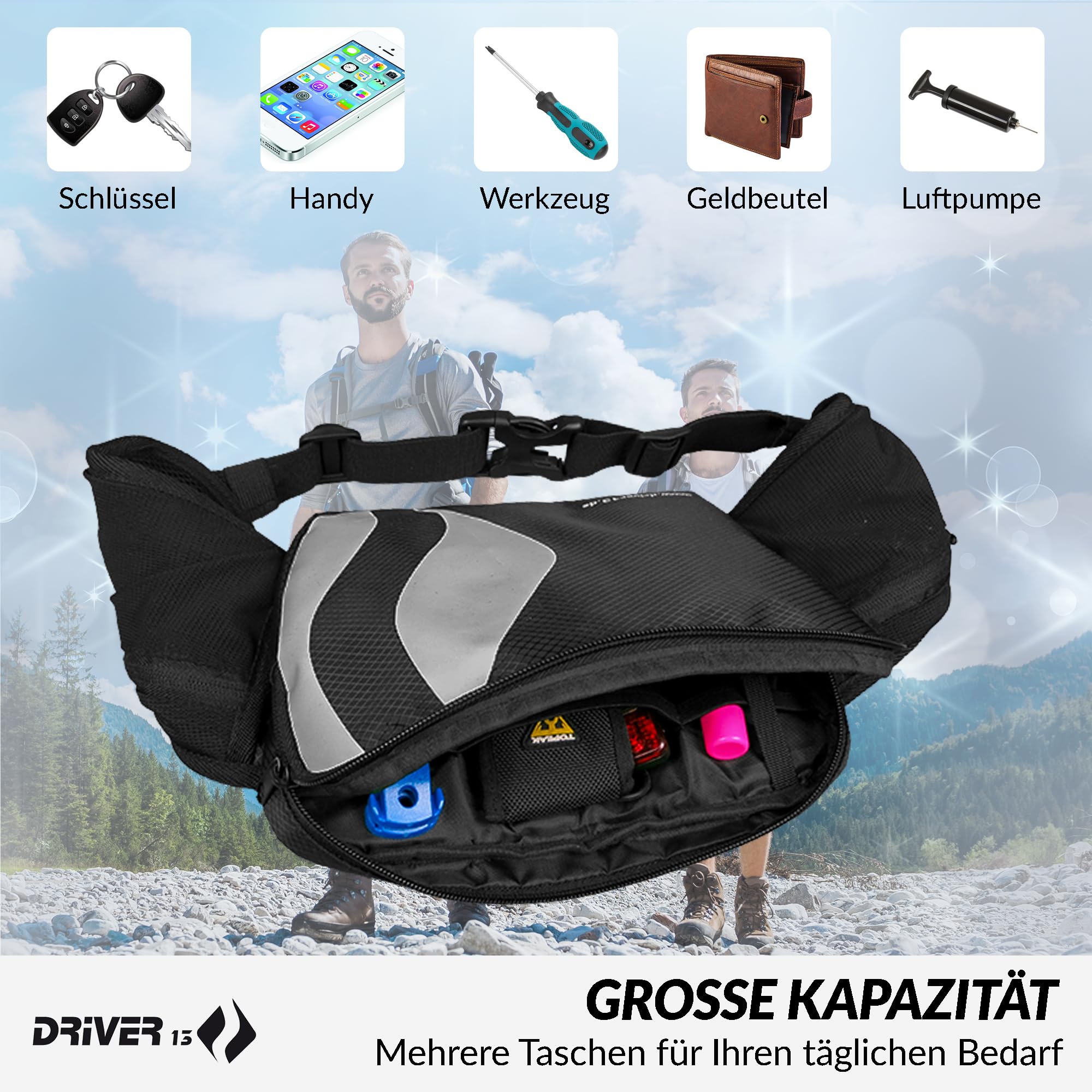 Driver13 Hipo Pack – nerka 3 l, saszetka biodrowa do roweru, trekkingu i trailu, kieszonki wewnętrzne, klips na klucze, czarna