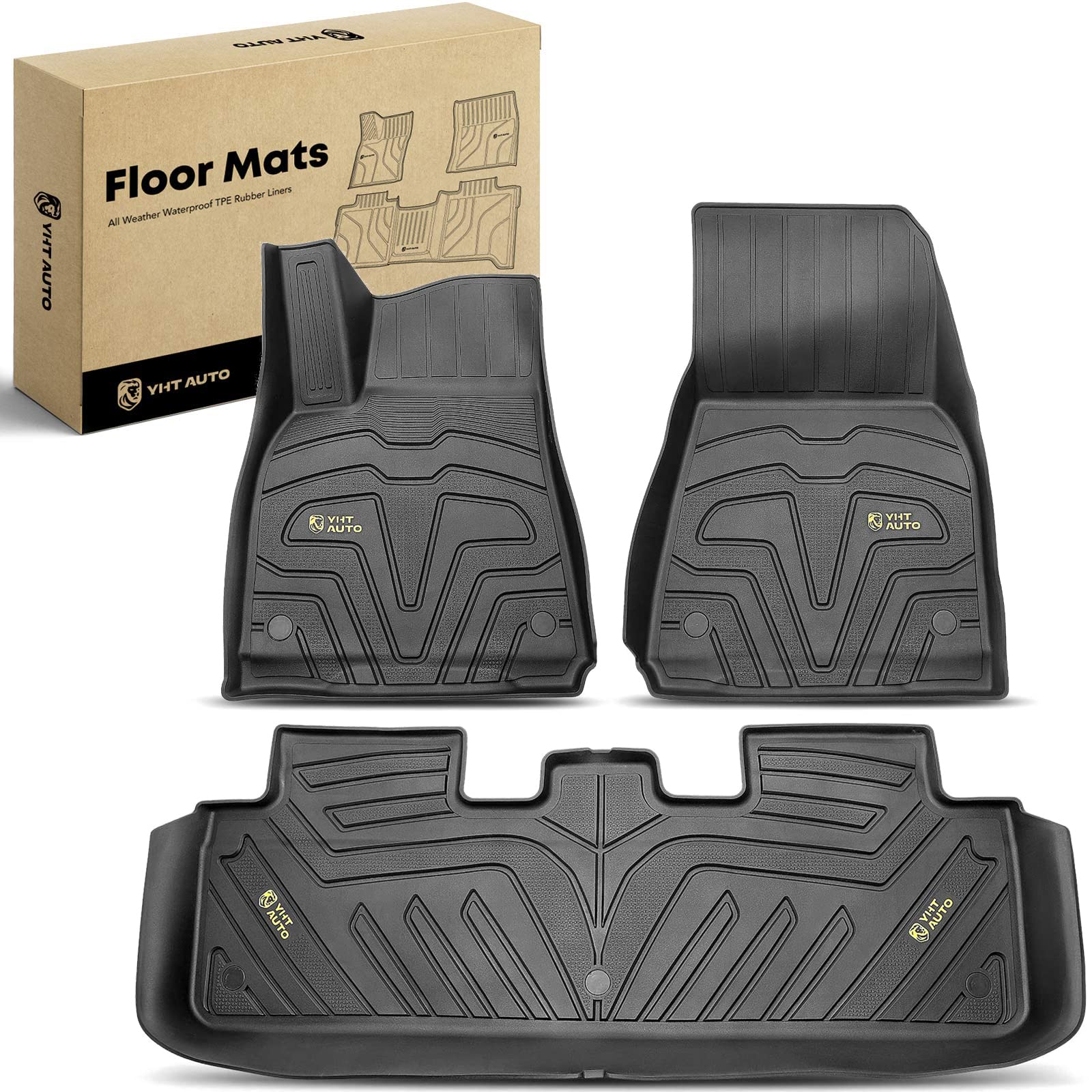 YHTAUTO Automotive Floor Mats Compatible with 2020-2023 Tesla Model Y Black All Weather Car Mats Custom Fit Interior Accessories TPE Liners Front & Back Seat, Waterproof Anti-Slip Odorless Mats