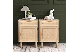 STHOUYN Boho Nightstand Set of 2, Beige & Natural Rattan Night Stands