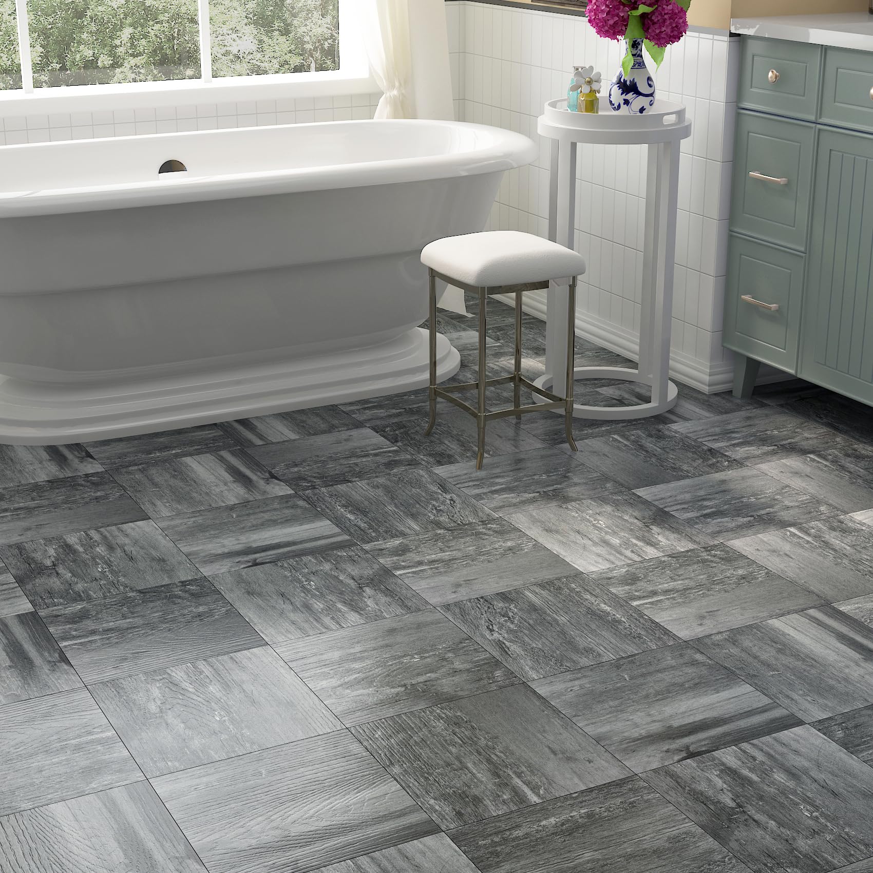 Livelynine Suelo Vinilo Autoadhesivo Gris Oscuro Suelo Vinilico Autoadhesivo Cocina Baldosas Adhesivas Suelo Efecto Madera Vieja Gris 30x30CM 32-Baldosas Vinilo Suelo Baño Vinilo para Suelo Habitación