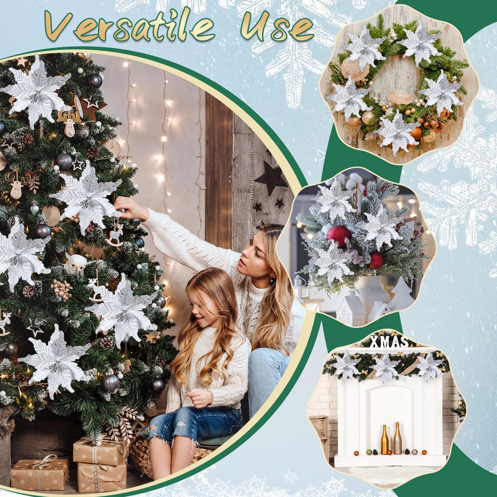 12 Stück Weihnachtssterne aus Glitzerstoff, 25,4 cm, künstliche Weihnachtsblume mit Clips, großer Kopf, Weihnachtsbaumschmuck, künstliche Weihnachtsblume mit Stielen für Hochzeit, Party (weiß)