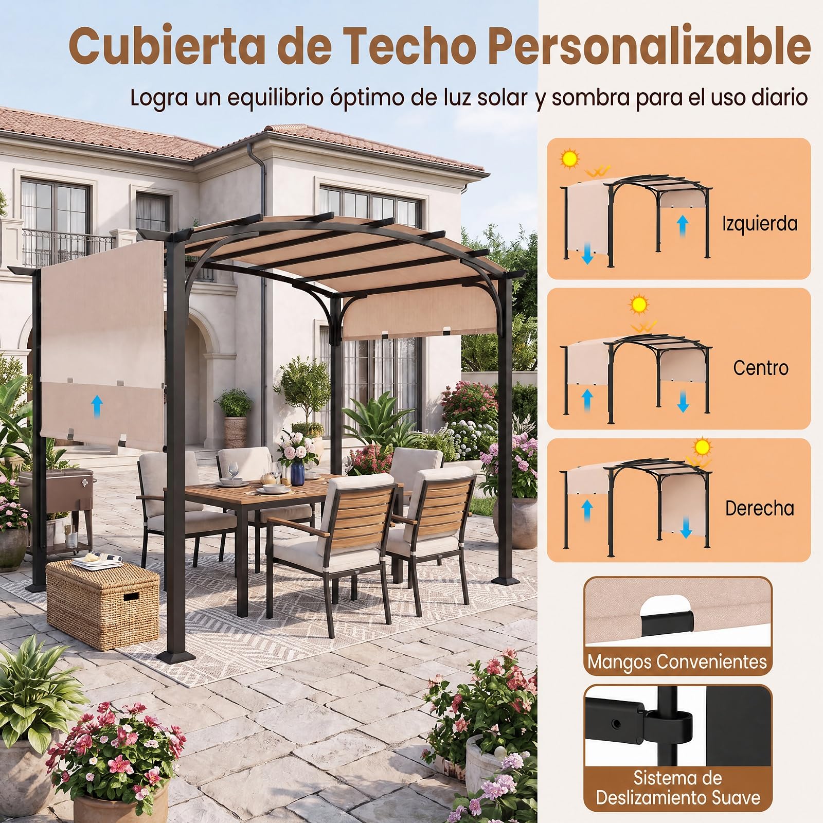 GOPLUS Pérgola Retráctil para Exterior, 305x246x233 cm (Beige) | Cenador de Jardín con Estructura Metálica y Tejido de Poliéster, Arco Jardín con Toldo para Patio, Terraza, Porche