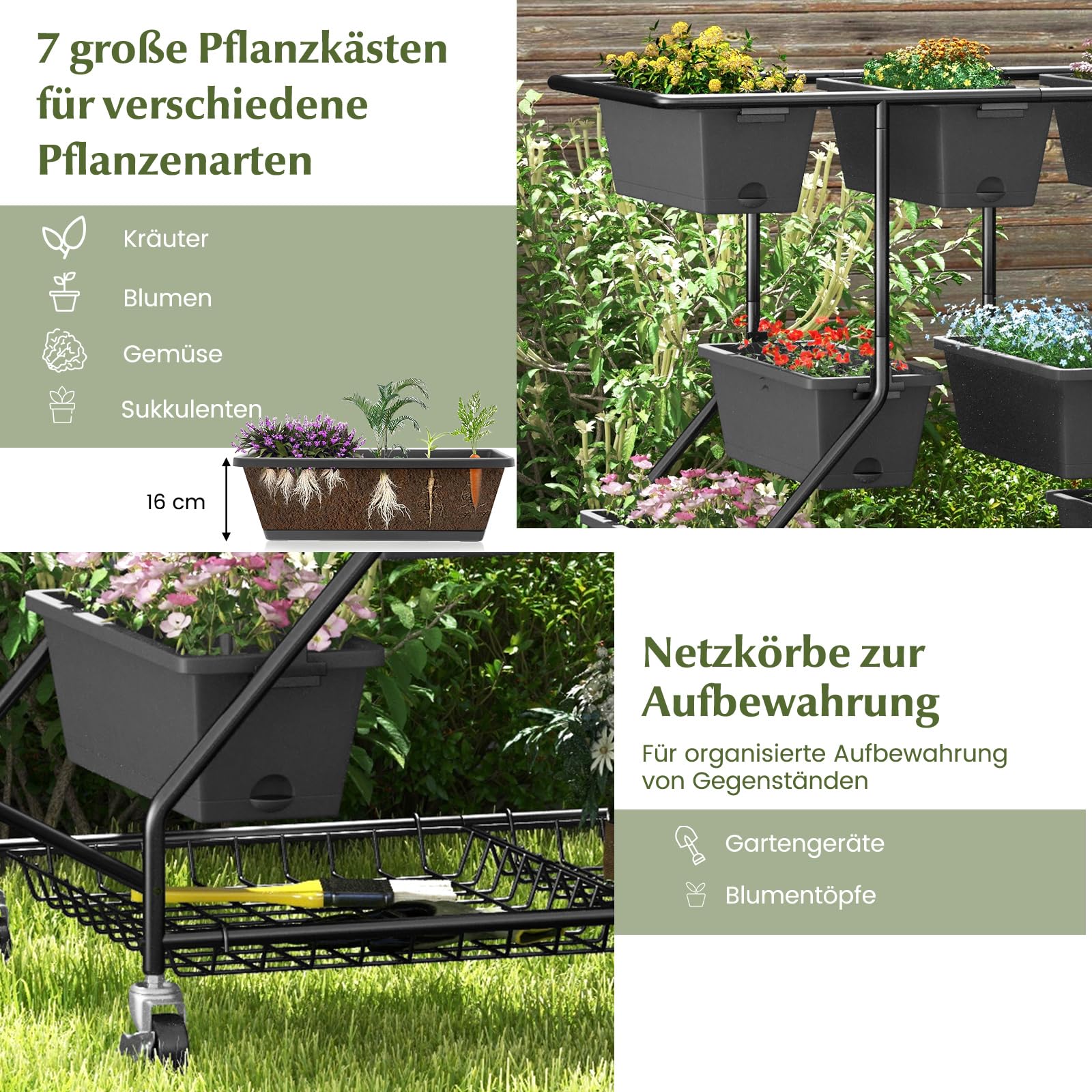 RELAX4LIFE Blumenständer, Pflanzenständer mit 7 Pflanzkästen, Blumentreppe mit 2 Körben, Hochbeet aus Metall und PP, freistehendes Pflanzenregal mit Rädern für Balkon, Garten, Terrasse, Schwarz