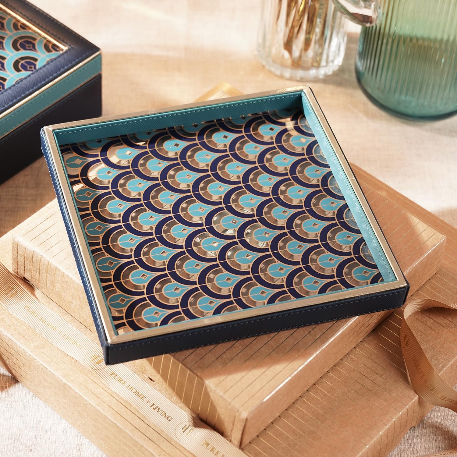 Pure Home + Living Blue & Teal Dual Tone Printed Glass Faux Leather Platter - Small