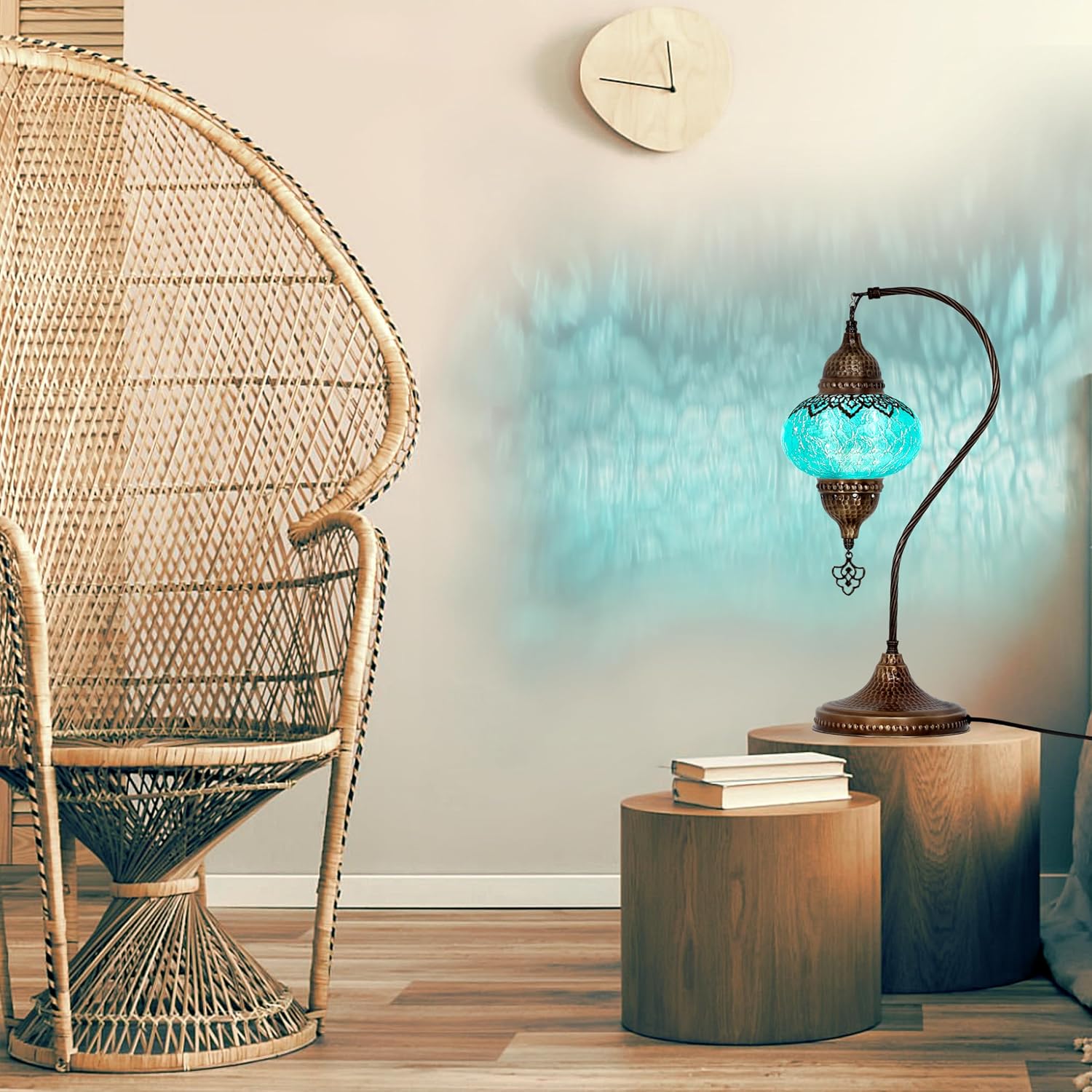 Turkish Mosaic Table Lamp - Green Moroccan Lamp with Antique Base - Perfect Boho Decoration for Bedroom Night Light, Vintage Turkish Lamps and Authentic Boho Decor (Turquoise)