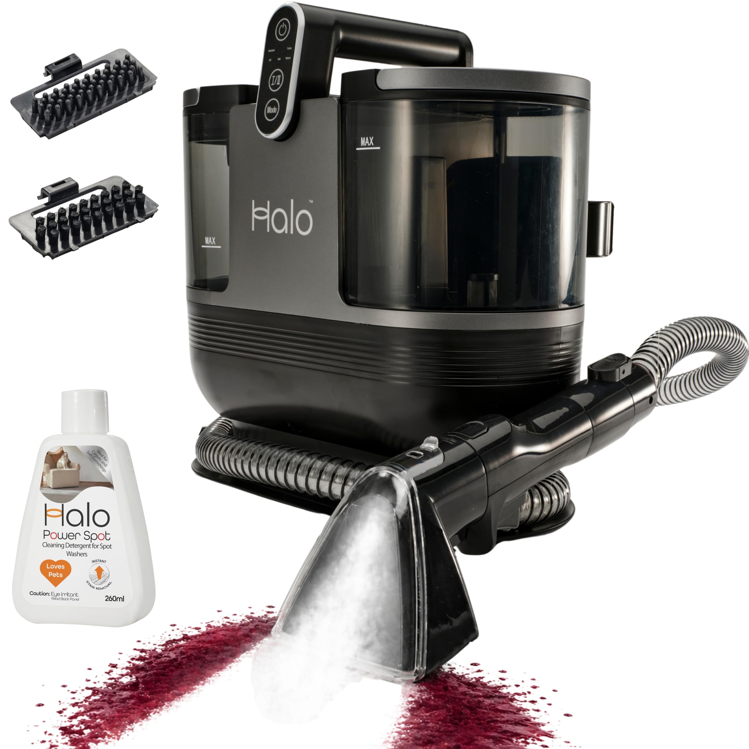 Halo Heated Carpet Cleaner with The Power of Steam | Power Spot Detergent Included | Spot Cleaner & Upholstery Cleaner | Heated Water up to 60C for Improved Hygiene |Steam Function for Stains & Spills