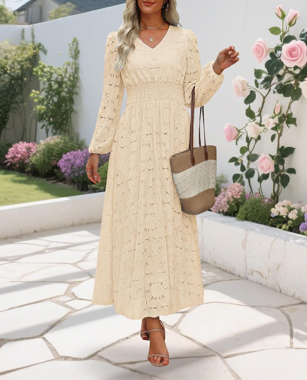 Women's Long Puff Sleeve Floral Maxi Dress V Neck Lace Eyelet Hollow Out A Line Flowy Boho Spring Wedding Guest Party Dresses - Image 5