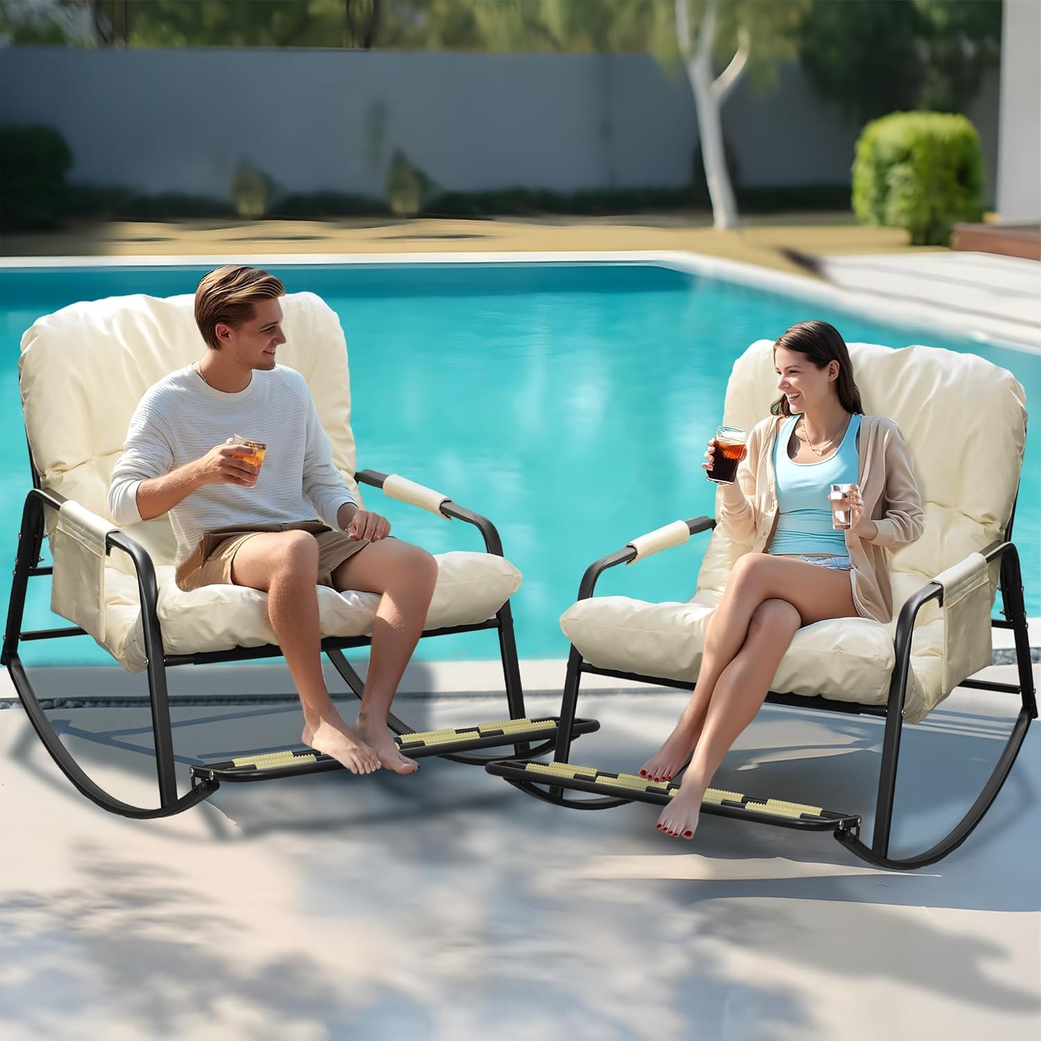 Oversized Rocking Chair Papasan Rocking Chair with Thick Cushion Massage Footrest, Comfy Side Pockets Rocker Chair for Indoor Outdoor Bedroom Deck Patio Garden-Gray (1)