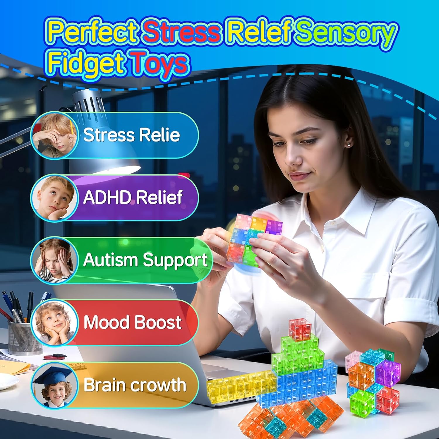 4-in-1 Magnetic Fidget Spinner & Building Blocks Set for Kids & Adults–Colorful Transparent Magnetic Blocks | Stress Relief Sensory Toys for ADHD Autism Focus | STEM Travel Toys & Classroom Rewards