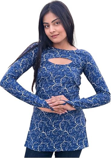 VAAKI Women Cream Safari Print Kurti Top Cotton | Full Sleeve Cut-Out Neck Long Tunic for Casual Wear