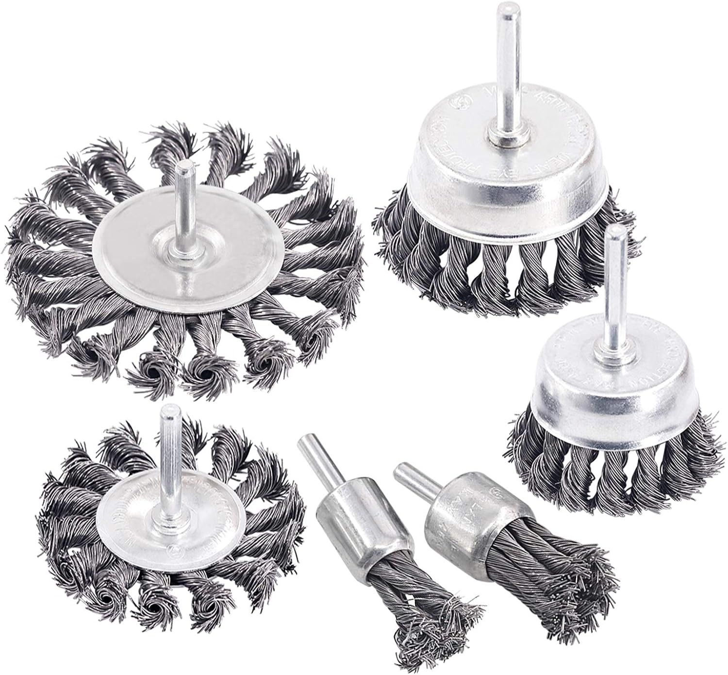 6 Pcs Knotted Steel Carbon Knot Wire End Brush, Cup and Flat Wire Wheels Brush Set with 1/4" Shank for Drill, Perfect for Removal of Rust/Corrosion/Paint-Reduced Wire Breakage and Longer Life