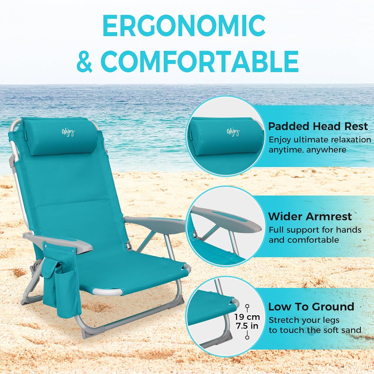 #WEJOY 4-Position Adjustable Beach Chair for Adults Set of 1/2, Folding Low Beach Chair Aluminum Lightweight & Portable, High Back Pillow Pocket Outdoor Garden Reclining Camping... - Image 4